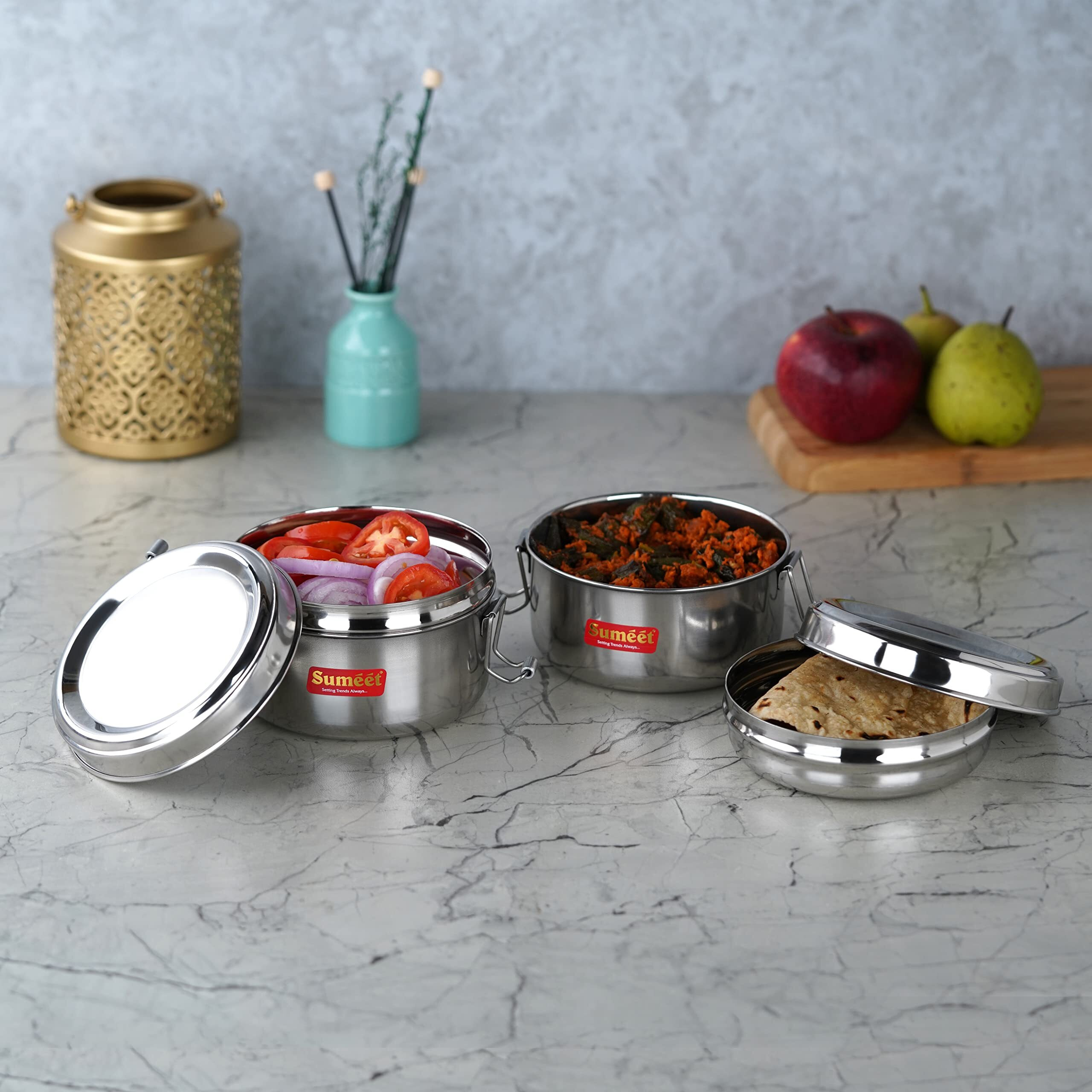 Sumeet Stainless Steel Meal Pack Lunch Box/Tiffin With Steel Separator Plate And Locking Clip, Set Of 2Pc, 300Ml Each, 11.5Cm Dia, Silver