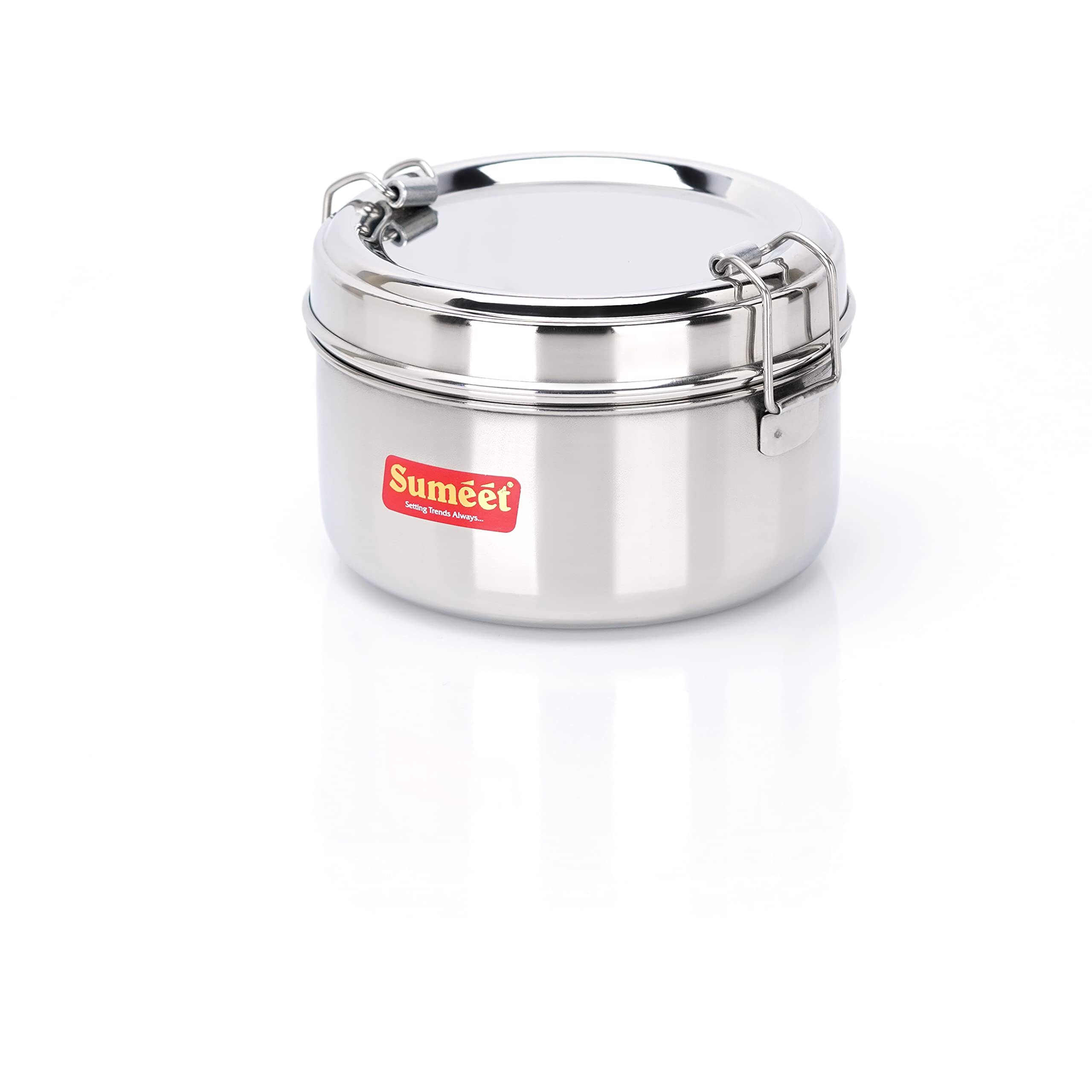 Sumeet Stainless Steel Meal Pack Lunch Box/Tiffin With Steel Separator Plate And Locking Clip, 300Ml, 11.5Cm Dia, Silver