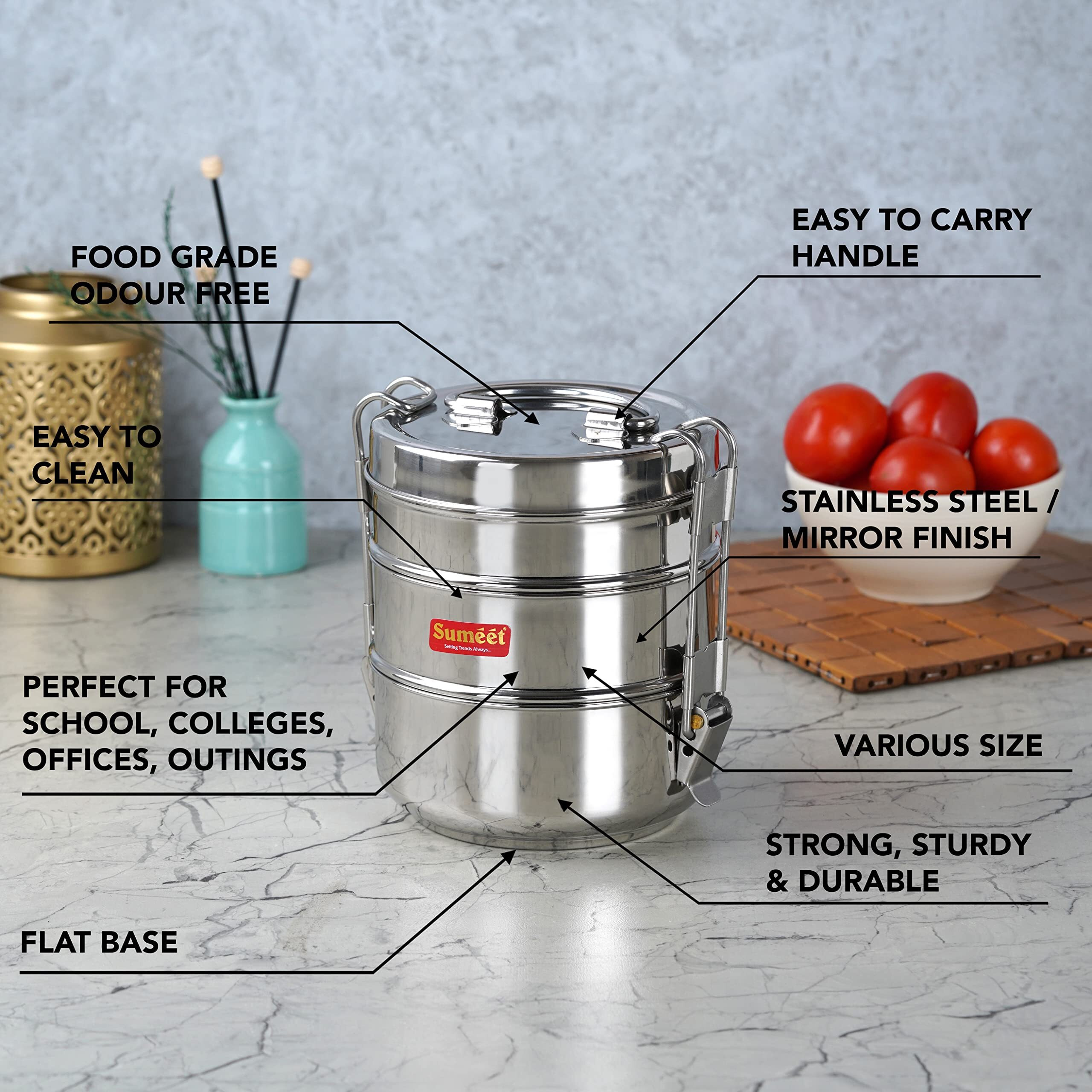 Sumeet Stainless Steel 3 Compartment Lunch Box/Tiffin With Lid And Handle, 13Cm Dia, (1950Ml, Silver)
