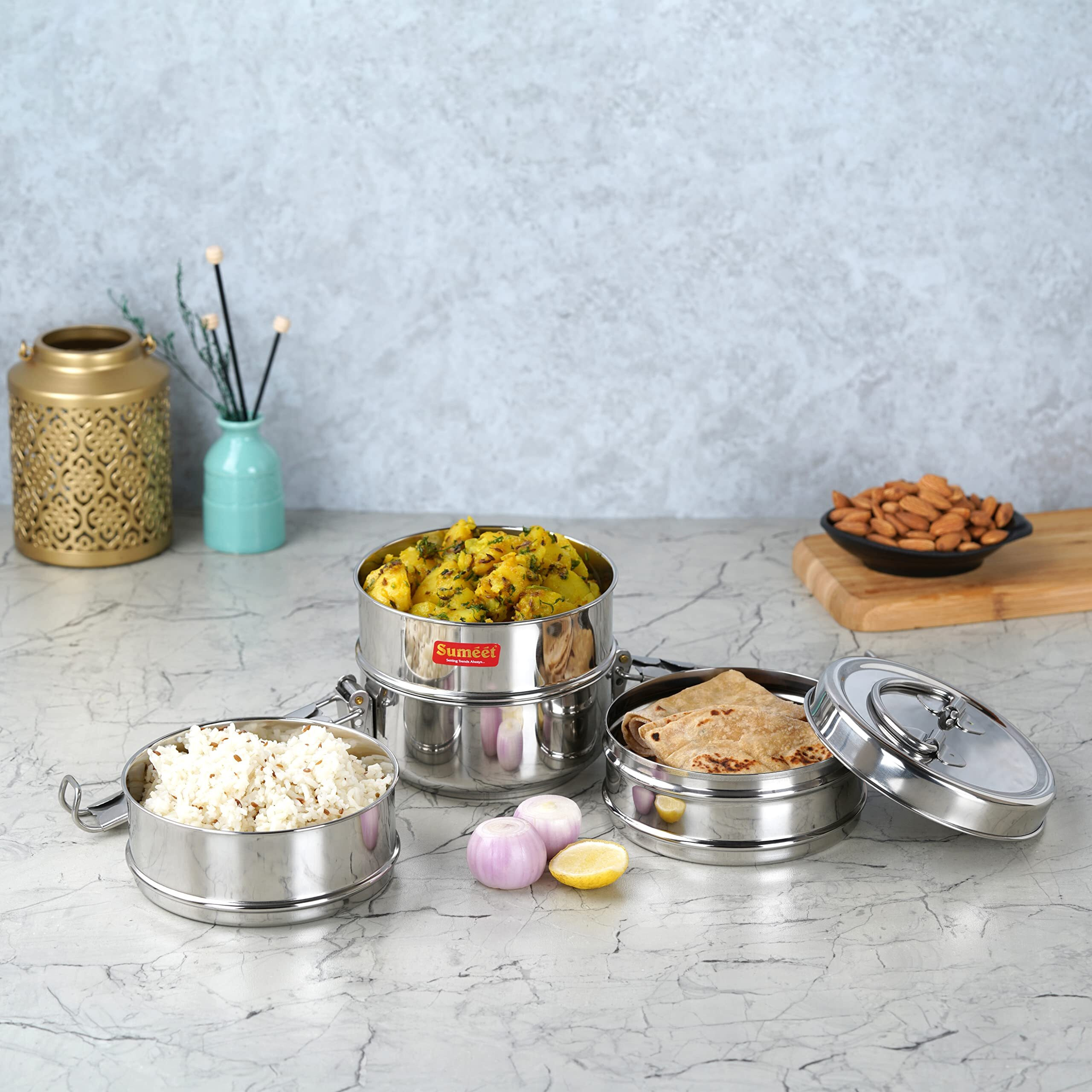 Sumeet Stainless Steel 4 Compartment Lunch Box/Tiffin With Lid And Handle, 11.5Cm Dia, (2000Ml, Silver)