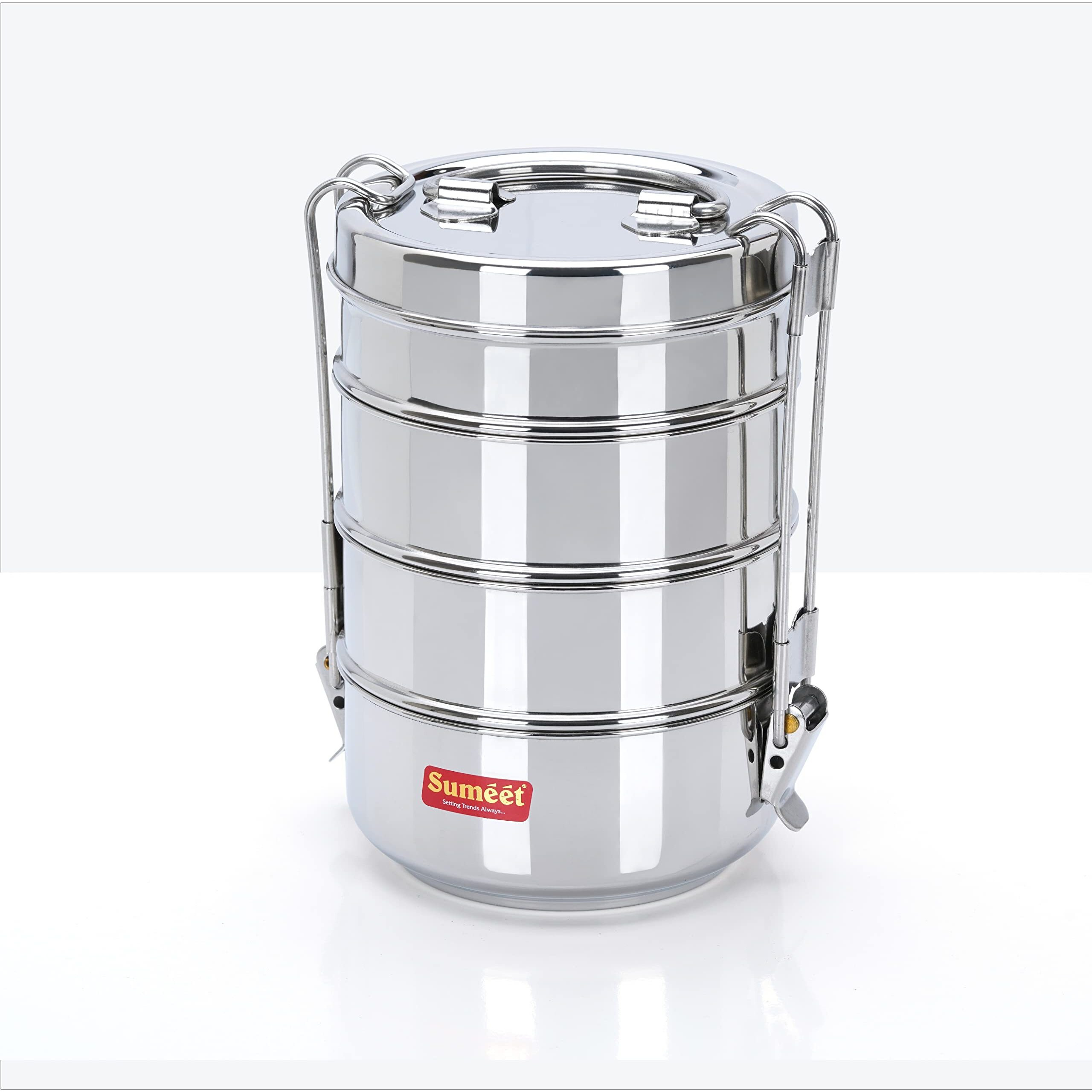 Sumeet Stainless Steel 4 Compartment Lunch Box/Tiffin With Lid And Handle, 13Cm Dia, (2550Ml, Silver)