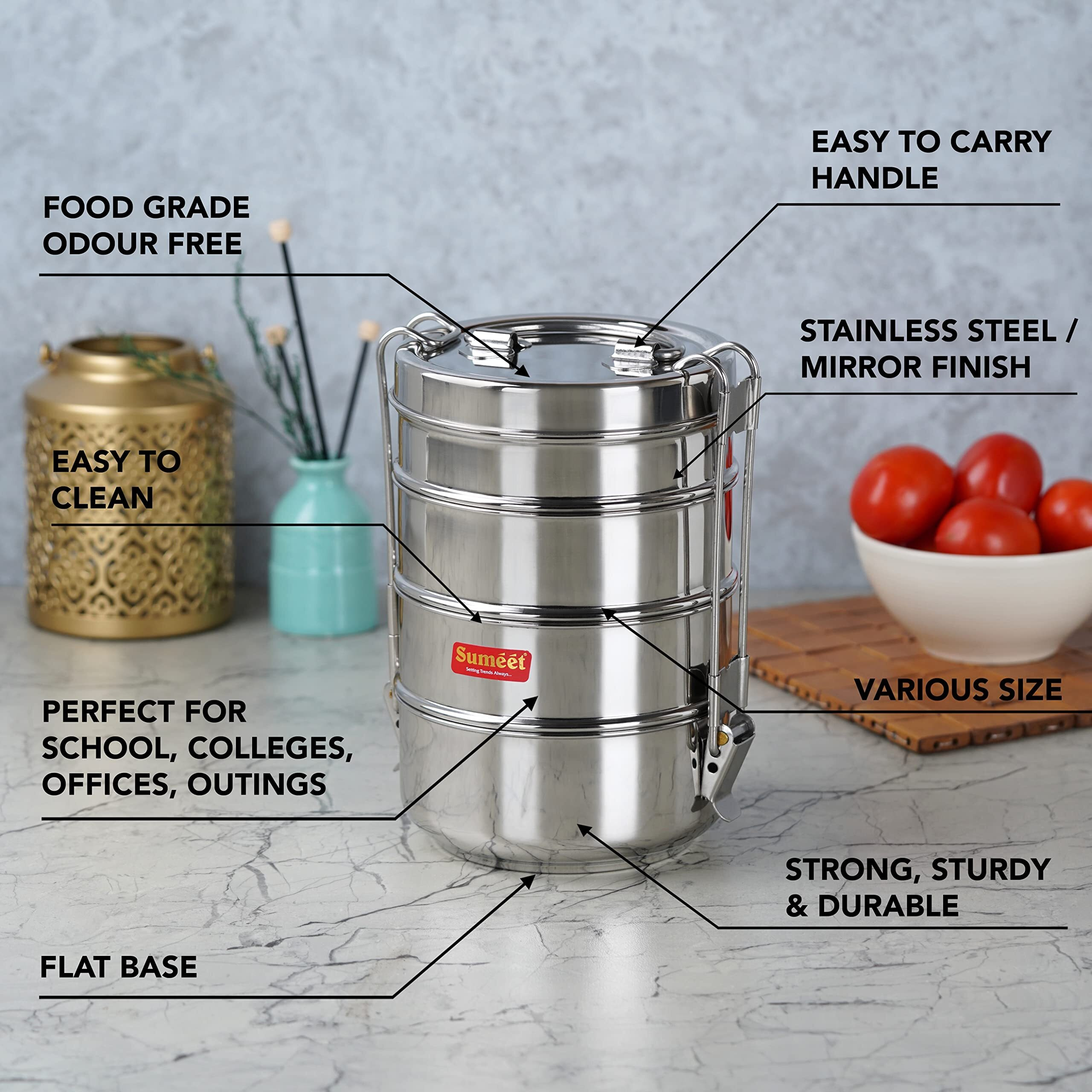 Sumeet Stainless Steel 4 Compartment Lunch Box/Tiffin With Lid And Handle, 13Cm Dia, (2550Ml, Silver)