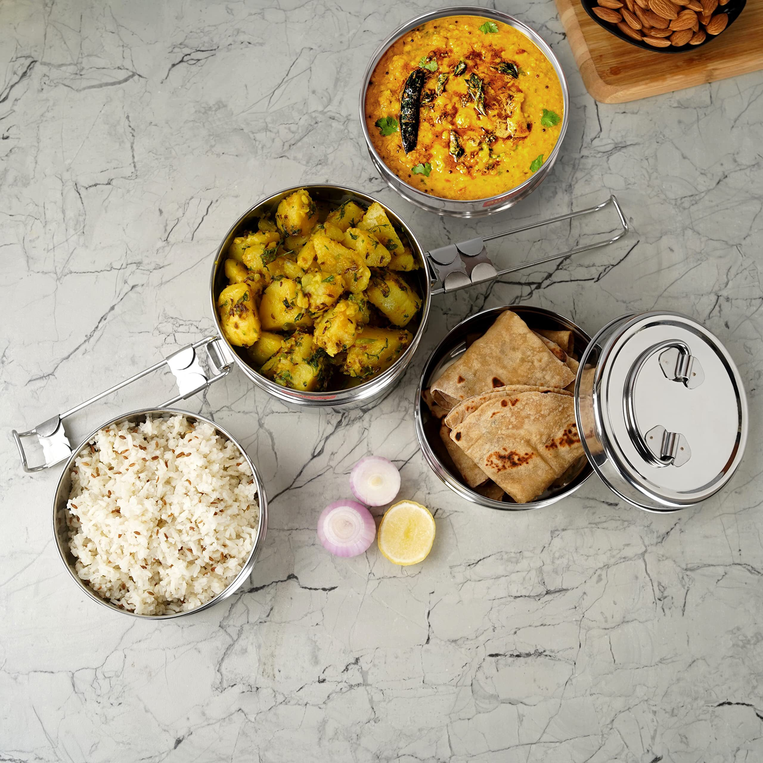 Sumeet Stainless Steel 4 Compartment Lunch Box/Tiffin With Lid And Handle, 13Cm Dia, (2550Ml, Silver)
