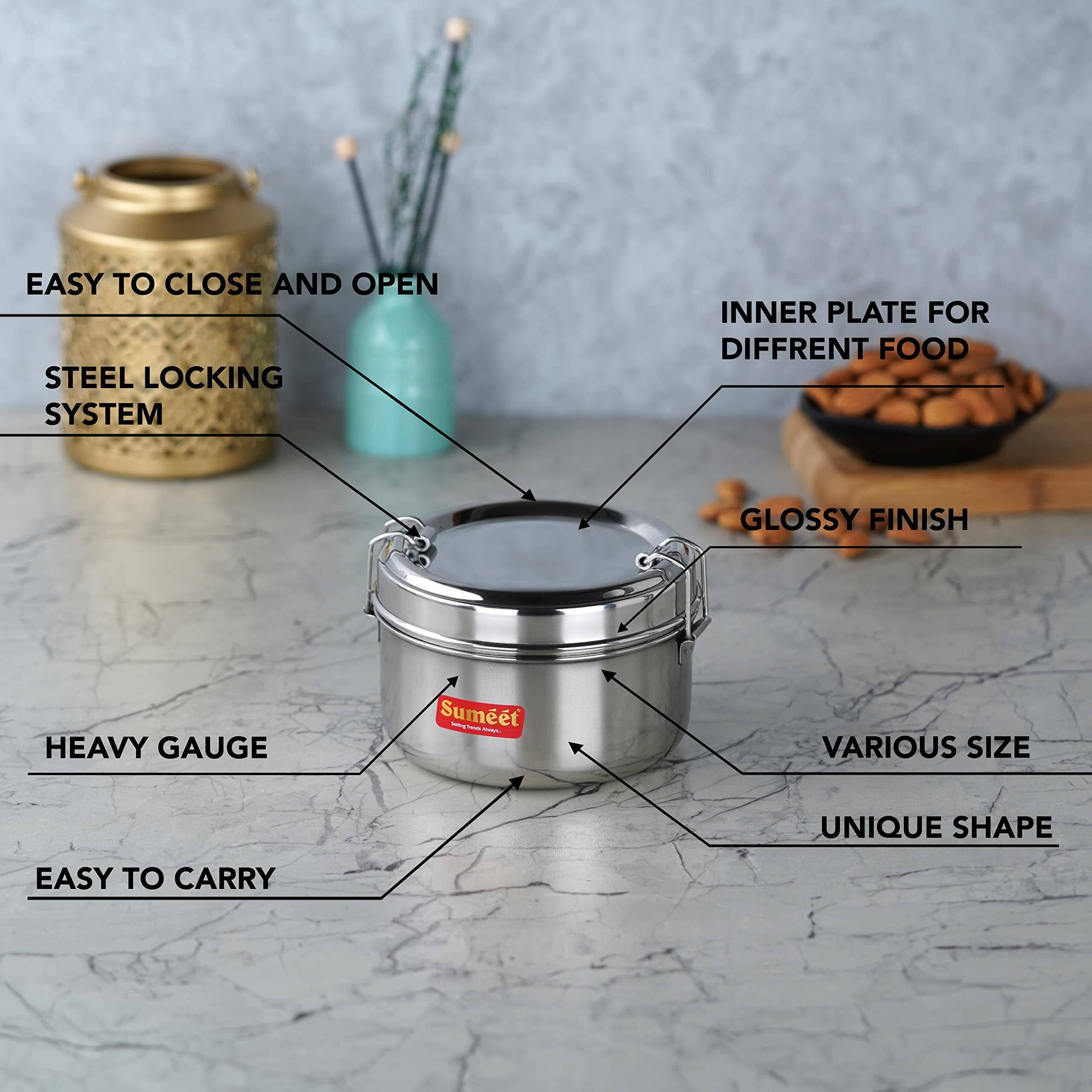 Sumeet Stainless Steel Meal Pack Lunch Box/Tiffin With Steel Separator Plate And Locking Clip, Set Of 2Pc, 250Ml & 300Ml, 9.5Cm & 11.5Cm Dia, Silver