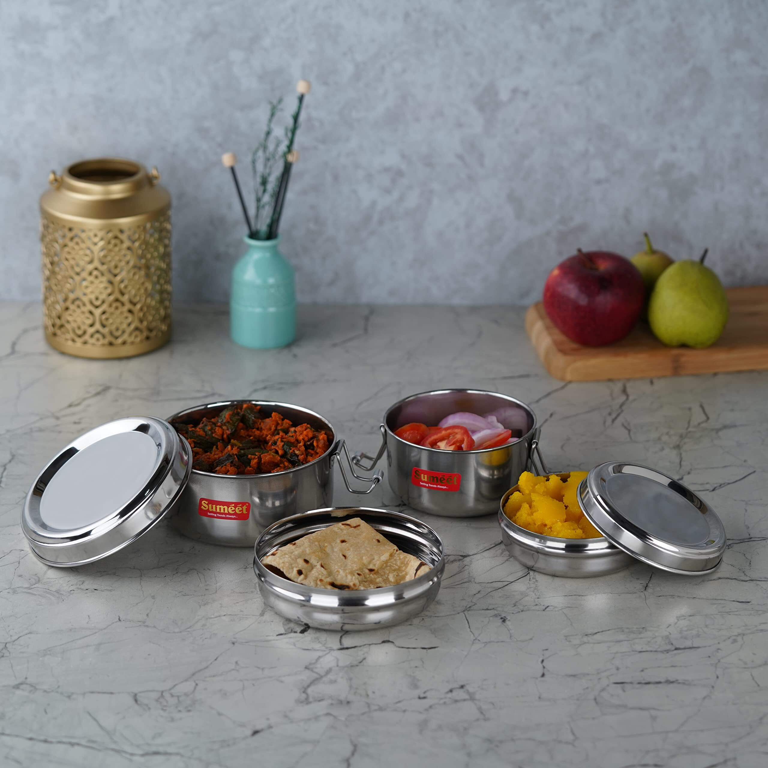 Sumeet Stainless Steel Meal Pack Lunch Box/Tiffin With Steel Separator Plate And Locking Clip, Set Of 2Pc, 250Ml & 300Ml, 9.5Cm & 11.5Cm Dia, Silver