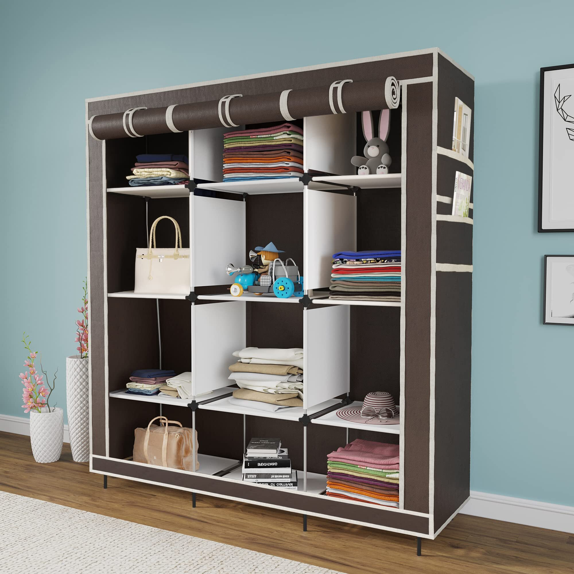Maison & Cuisine 12 Layer Collapsible Portable Foldable Wardrobe Storage Organizer Shelves For Clothes Racks Fabric Almirah Non Rustable Iron Storage Unit (88250) (Brown)