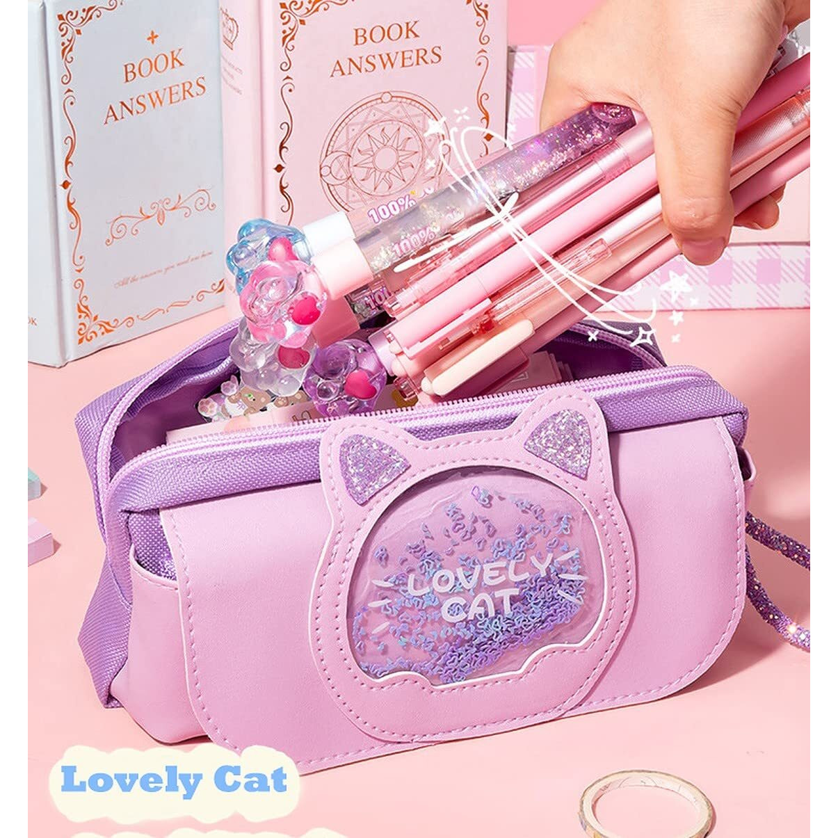 Wolpin Ethylene Vinyl Acetate (Eva) 1Pc Pencil Case Large Capacity Stationery Bag, Side Pockets Pouch With Zipper Closure Portable Makeup Case Cute For Students Girls Adults Office (Cat Purple)