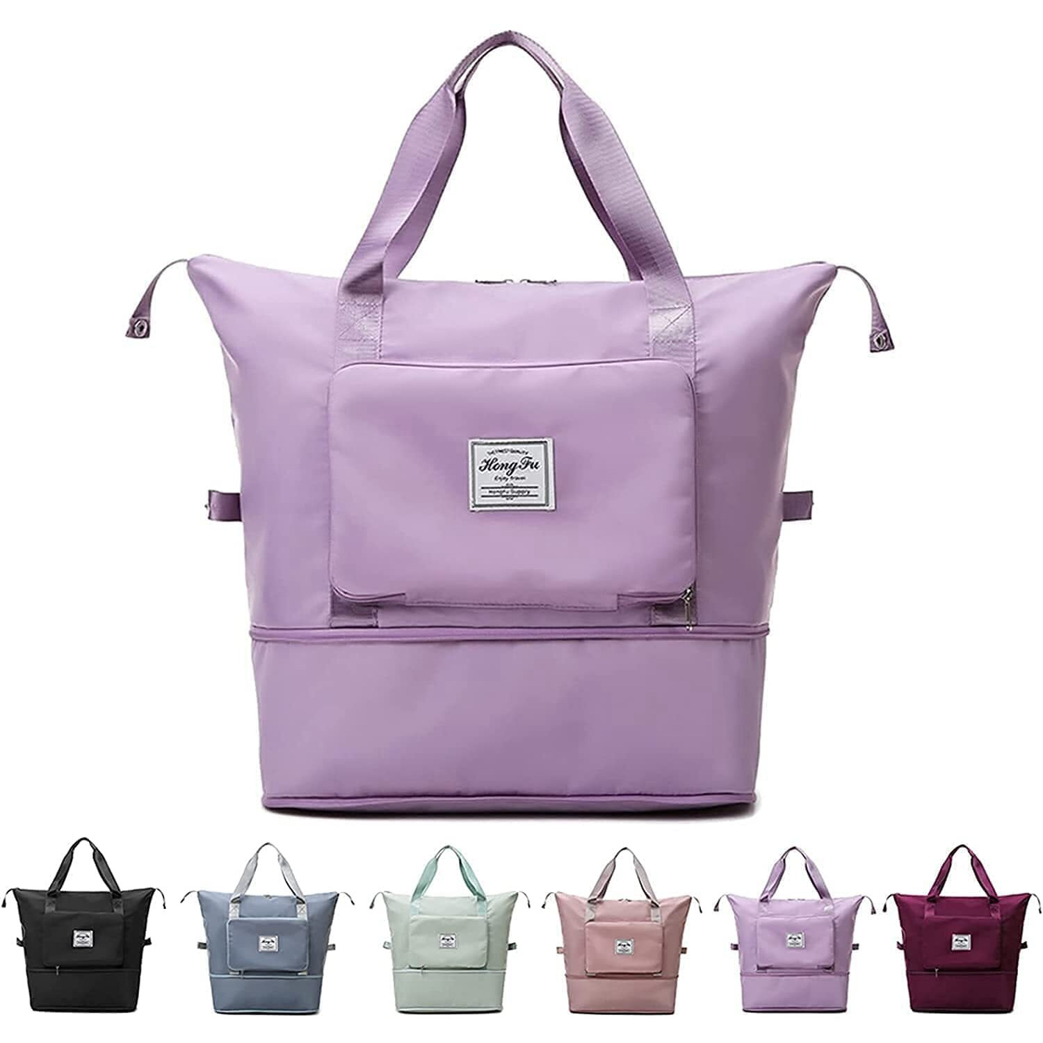 Lnt Women's Large Capacity Folding Travel Bag, Waterproof Carry On Luggage, Dry & Wet Separation, Foldable, Peach (Purple)