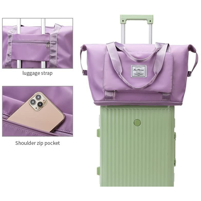 Lnt Women's Large Capacity Folding Travel Bag, Waterproof Carry On Luggage, Dry & Wet Separation, Foldable, Peach (Purple)