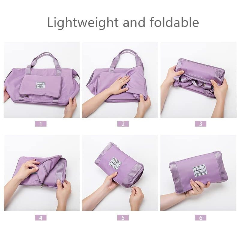 Lnt Women's Large Capacity Folding Travel Bag, Waterproof Carry On Luggage, Dry & Wet Separation, Foldable, Peach (Purple)