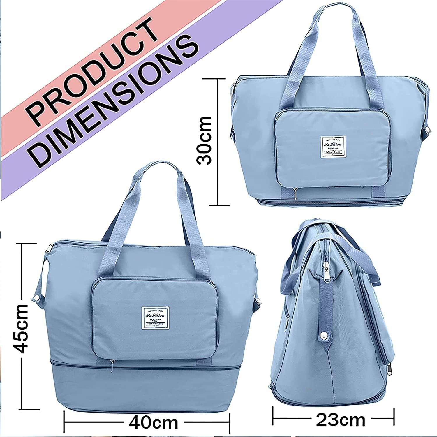 Lnt Womens Nylon Large Capacity Casual Folding Travel Bag Travel Lightweight Waterproof Carry On Luggage Bags With Fixed Strap Dry And Wet Separation Foldable Travel Duffel Bag Peach(Blue),55 Cms