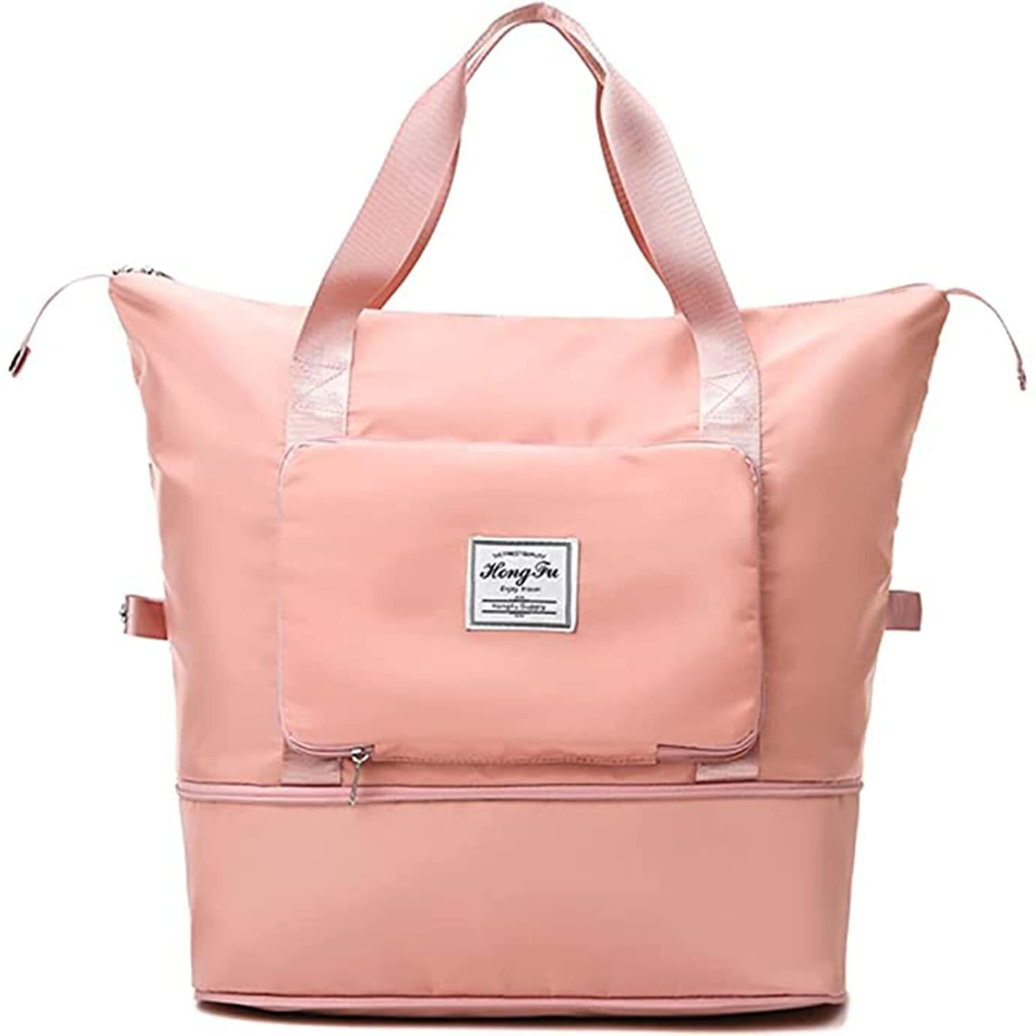 Lnt Nylon Large Capacity Folding Travel Bag Travel Lightweight Waterproof Carry On Luggage Bags With Fixed Strap Dry And Wet Separation Foldable Travel Duffel Bag Peach (Pink Poket),55 Cms
