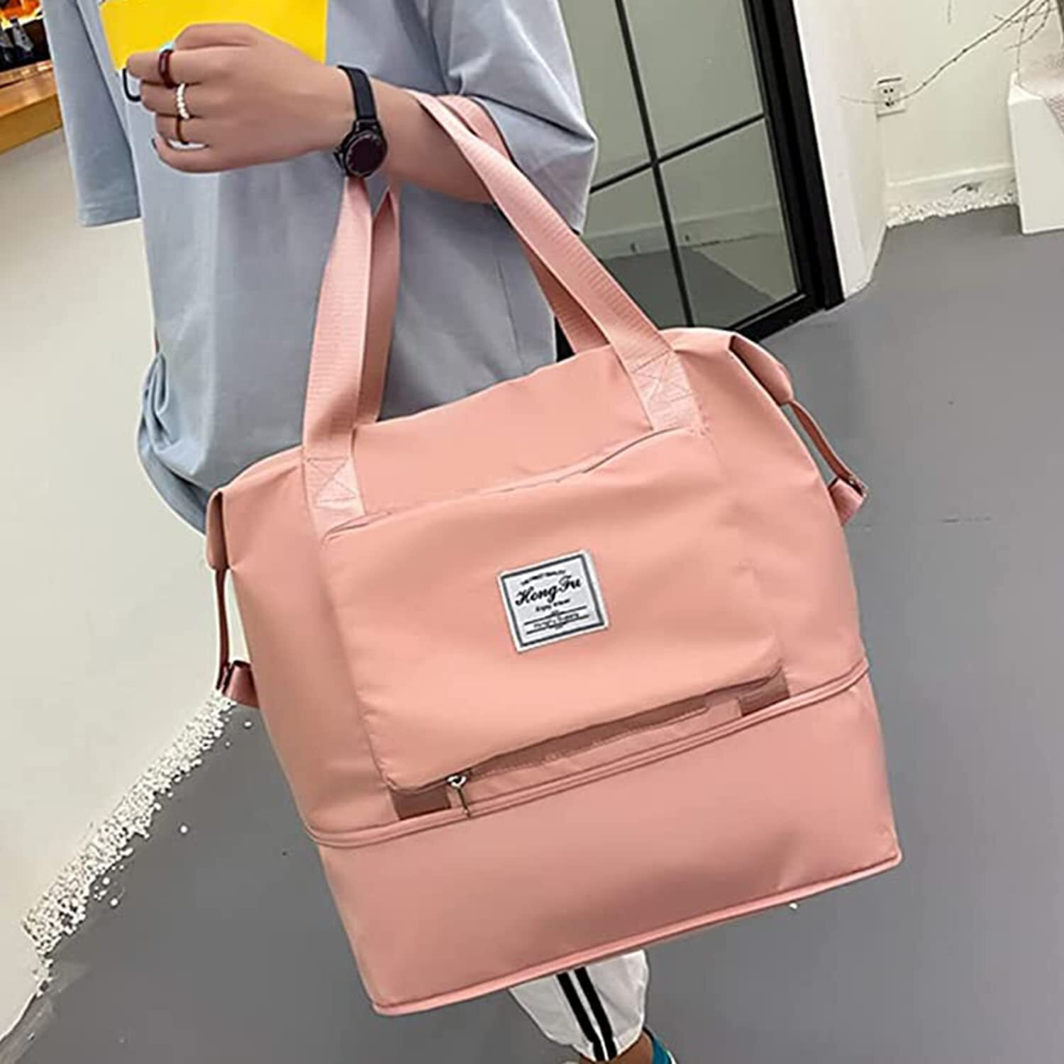 Lnt Nylon Large Capacity Folding Travel Bag Travel Lightweight Waterproof Carry On Luggage Bags With Fixed Strap Dry And Wet Separation Foldable Travel Duffel Bag Peach (Pink Poket),55 Cms
