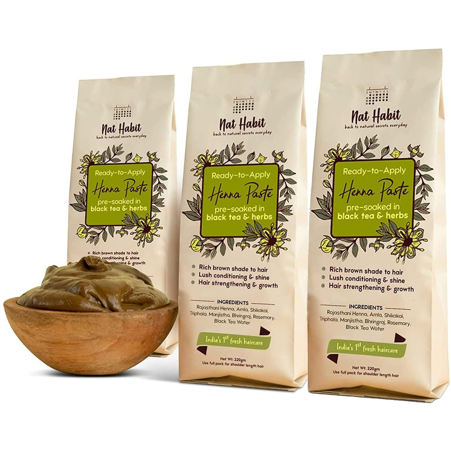 Nat Habit - Fresh Ready To Apply Henna Paste, Pre-Soaked In Black Tea And Herbs,100% Natural Rajasthani Henna, Imparts Rich Brown Shade (Pack Of 3 X 220G)