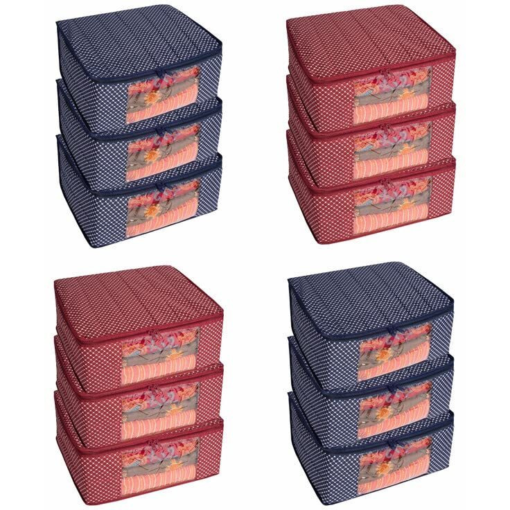 Homestrap Combo Of 12 Cotton Quilted 3 Layered Foldable Saree Covers/Clothes Storage Bag/Wardrobe Organizer With Transparent Window And Zip For Dress(Maroon & Navy Blue)(Featured On Shark Tank)