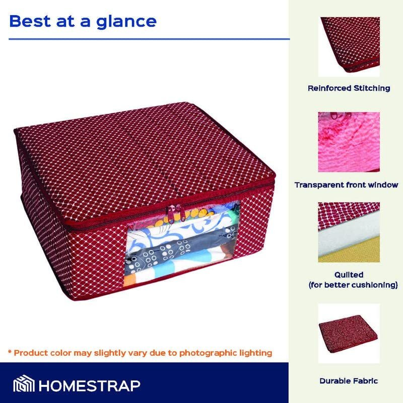 Homestrap Combo Of 12 Cotton Quilted 3 Layered Foldable Saree Covers/Clothes Storage Bag/Wardrobe Organizer With Transparent Window And Zip For Dress(Maroon & Navy Blue)(Featured On Shark Tank)