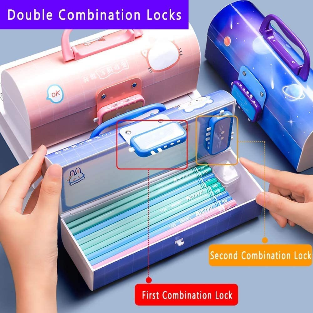 Invite Enterprise Plastic Kids Pen & Pencil Box,Suitcase Style Password Lock Pencil Case,Multi-Layer Pencil Box For Kids,Stationary Organizer Case For Kids,Return Gift For Kids (Cute-Multicolor)