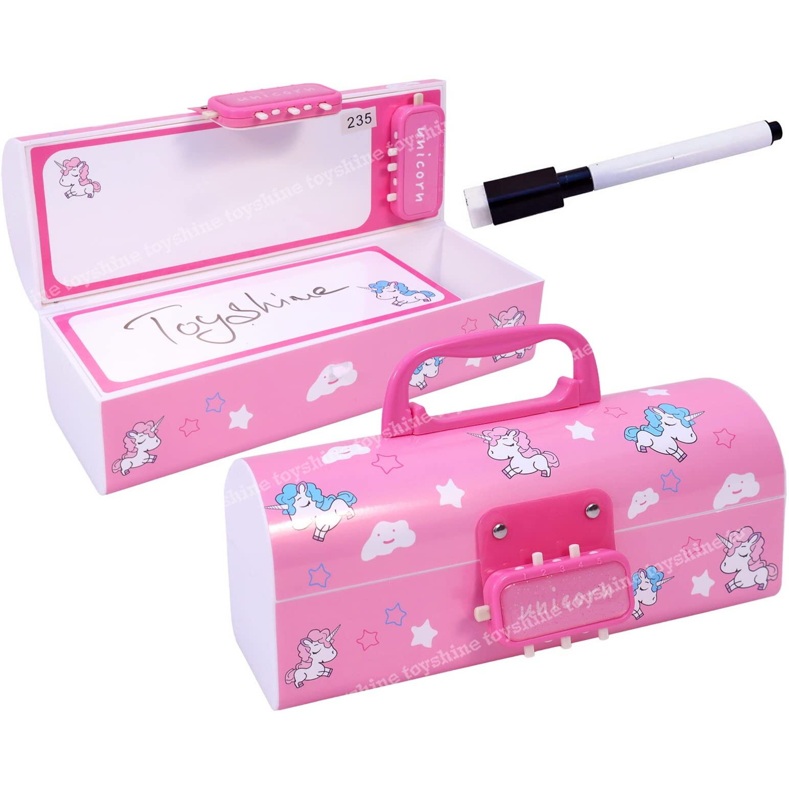 Toyshine Plastic Pencil Box With Code Lock Pen Case Large Capacity Multi-Layer Multi-Function Storage Bag Secret Compartment Pencil Box - Unicorn Pink