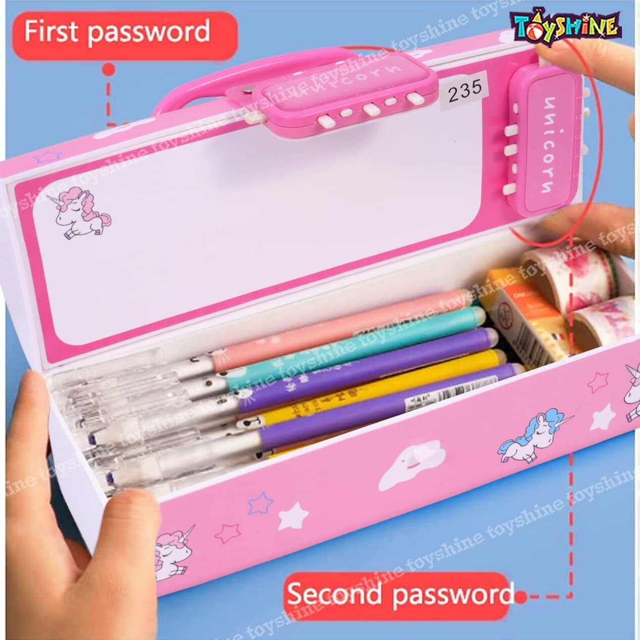 Toyshine Plastic Pencil Box With Code Lock Pen Case Large Capacity Multi-Layer Multi-Function Storage Bag Secret Compartment Pencil Box - Unicorn Pink