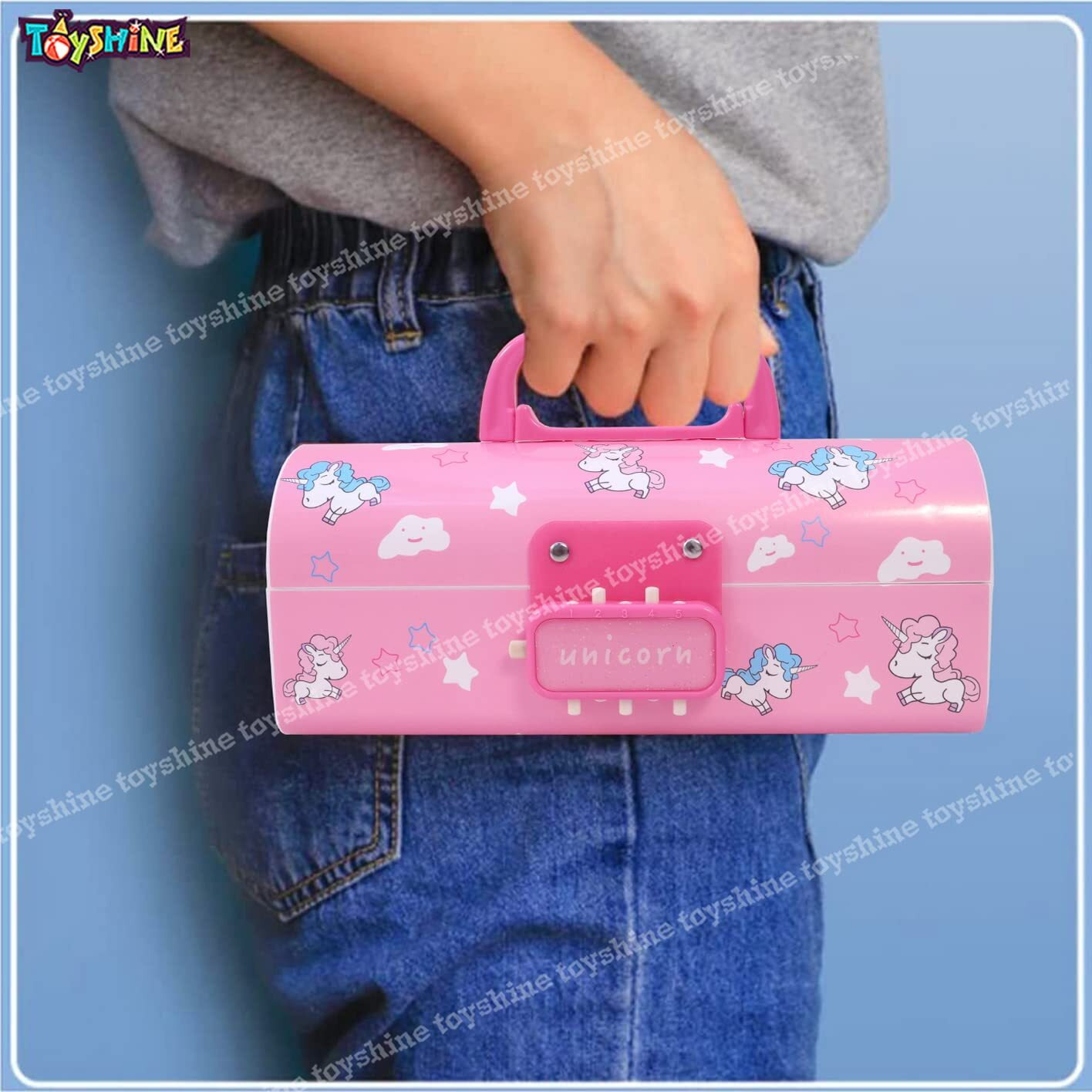 Toyshine Plastic Pencil Box With Code Lock Pen Case Large Capacity Multi-Layer Multi-Function Storage Bag Secret Compartment Pencil Box - Unicorn Pink