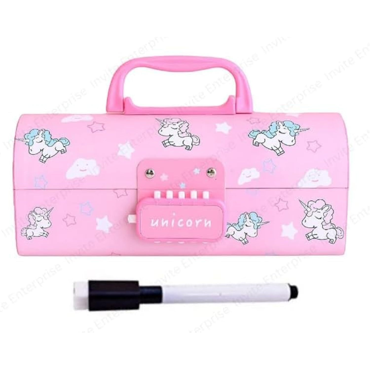 Invite Enterprise Plastic Kids Pen & Pencil Box | Suitcase Style Password Lock Case, Multi-Layer For Kids,Boys,Girls,Stationary Organizer Case Kids,Return Gift (Unicorn-Pink)