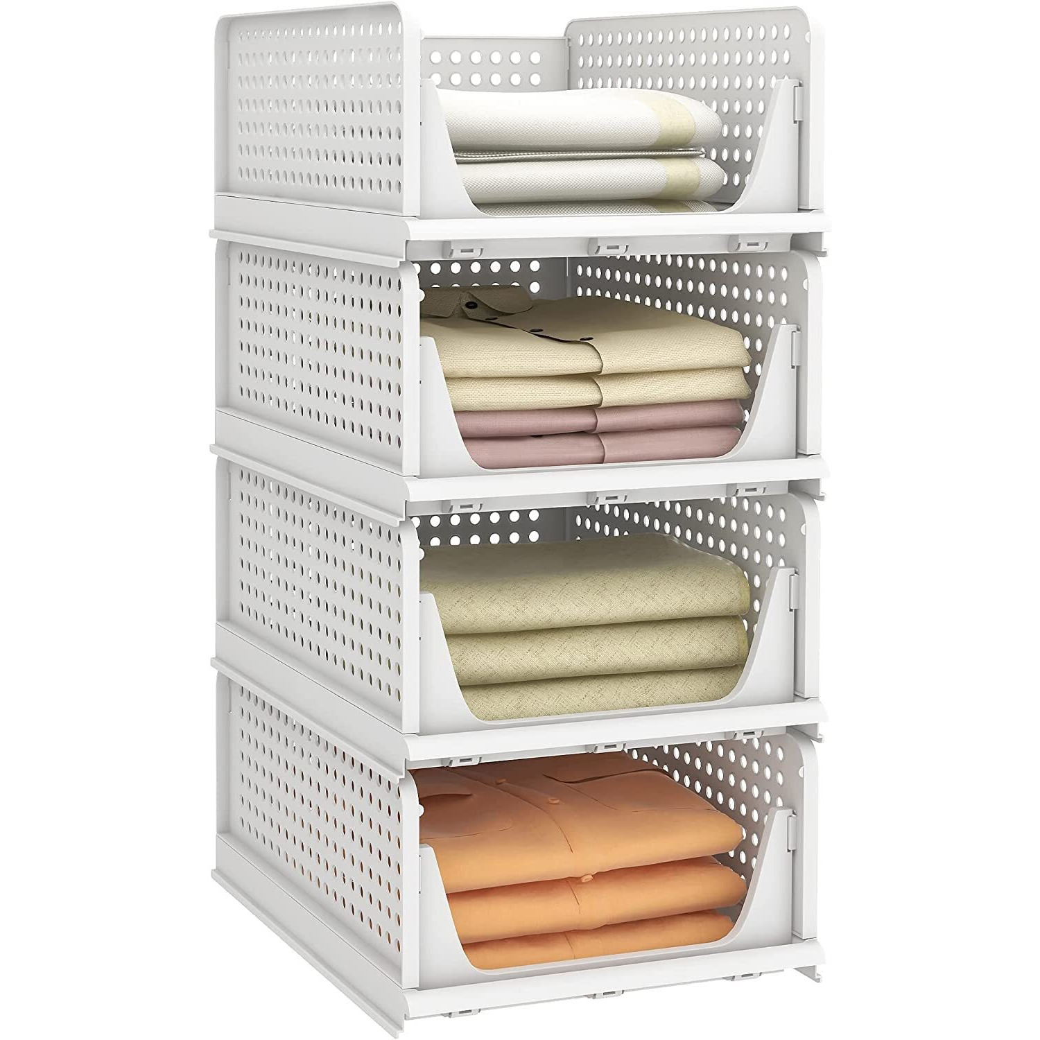 Jd Fresh Big Size 4 Pieces Wardrobe Organizer For Storage/Polypropylene Foldable & Stackable Closet Basket/Cupboard Organizer For Clothes/Space Saver For Kitchen(White), Clothing