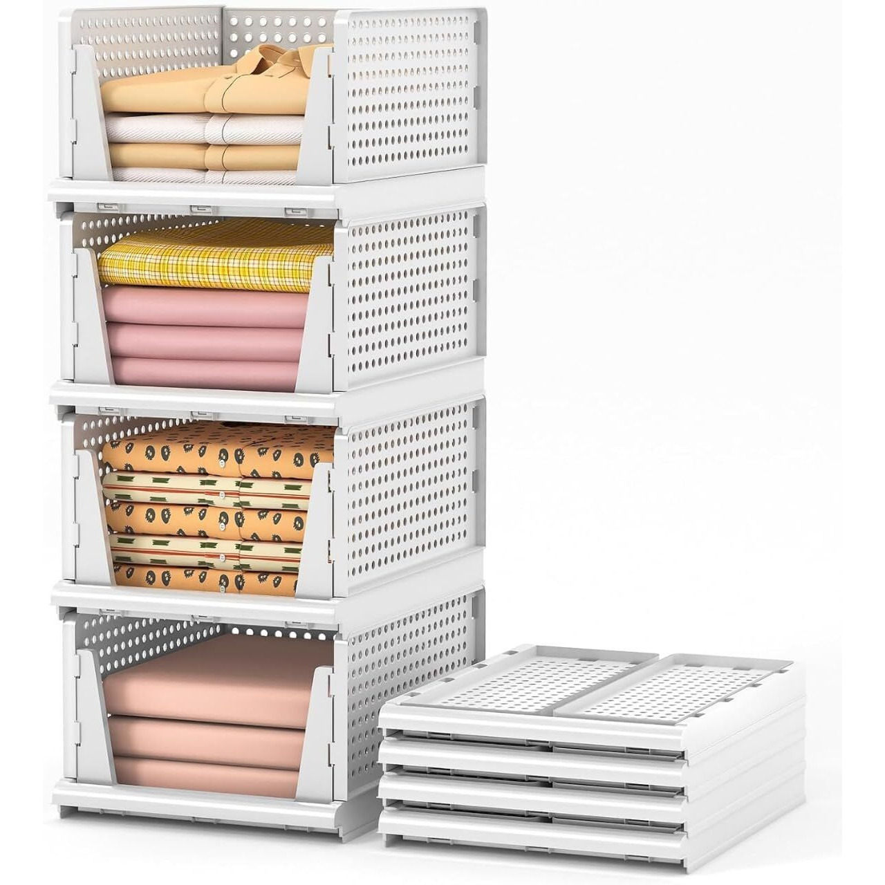 Jd Fresh Clothes Organizer - Foldable, Stackable Closet Organizer Drawers (Pack Of 4 Pcs Large) Plastic, White, Clothing