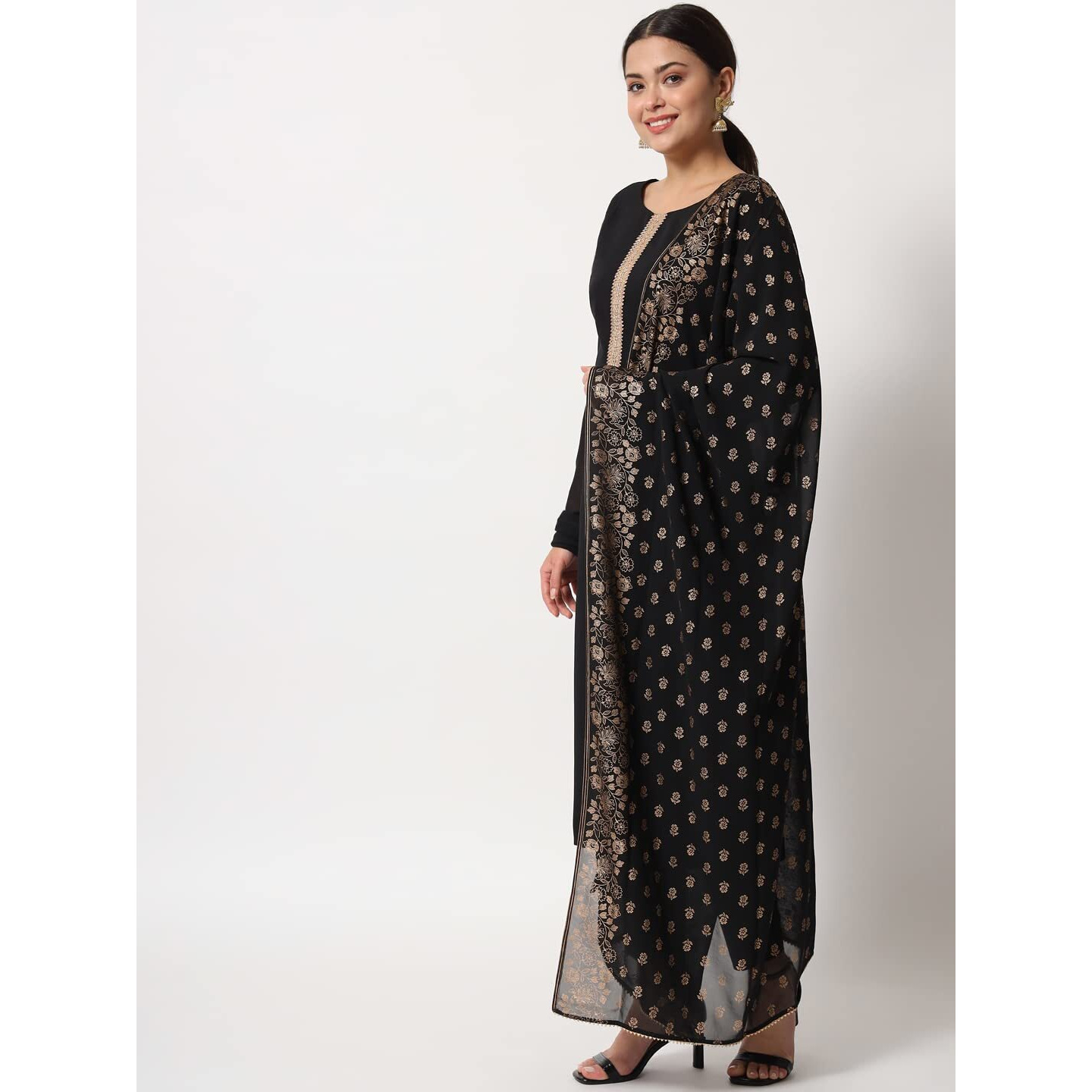 Fiorra Women's Black Poly Crepe Straight Kurta With Pant And Dupatta Set0060-M