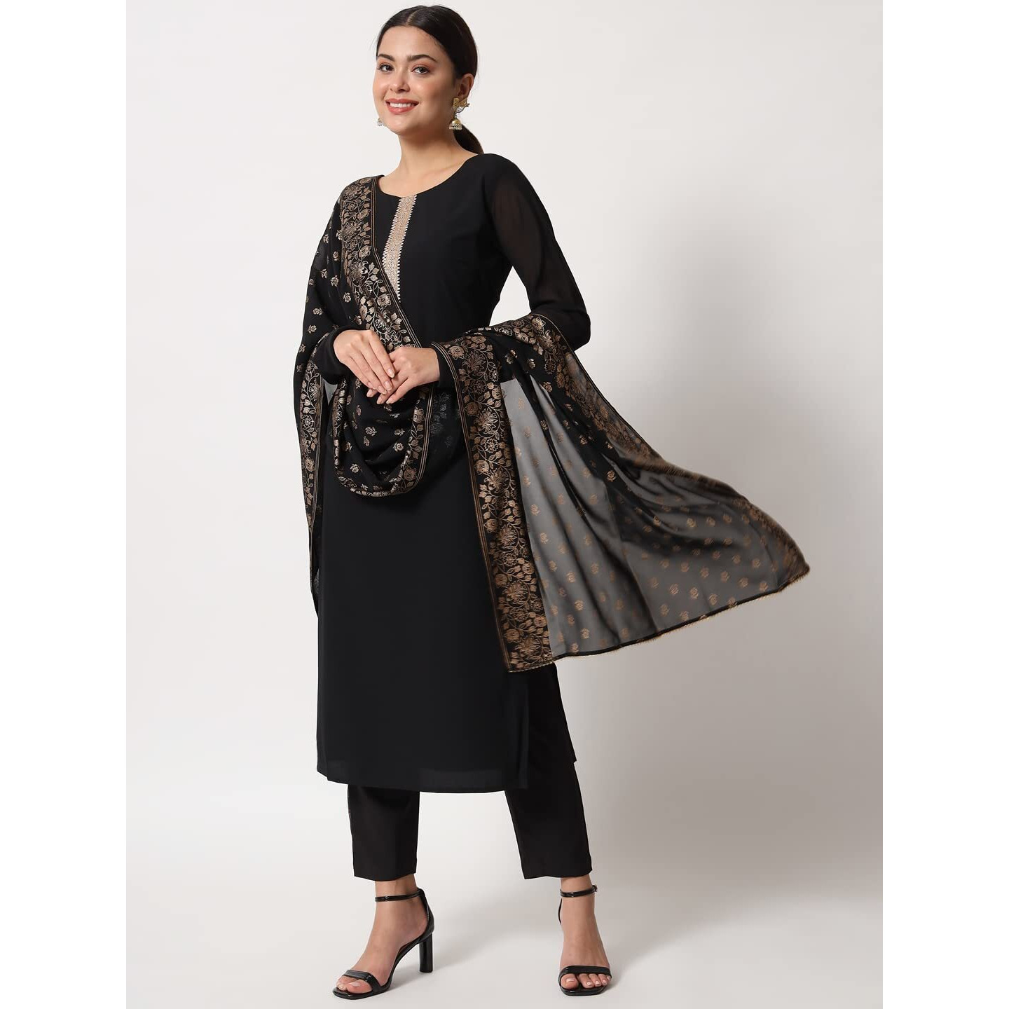 Fiorra Women's Black Poly Crepe Straight Kurta With Pant And Dupatta Set0060-M