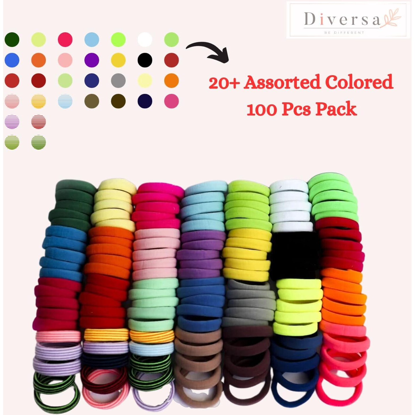 Diversa Seamless Thick Cotton Hair Rubber Bands Durable Elastic Ponytail Holder Hair Ties Headbands Hair Accessories For Girls And Women (Multicolor, Pack Of 100 Pcs)