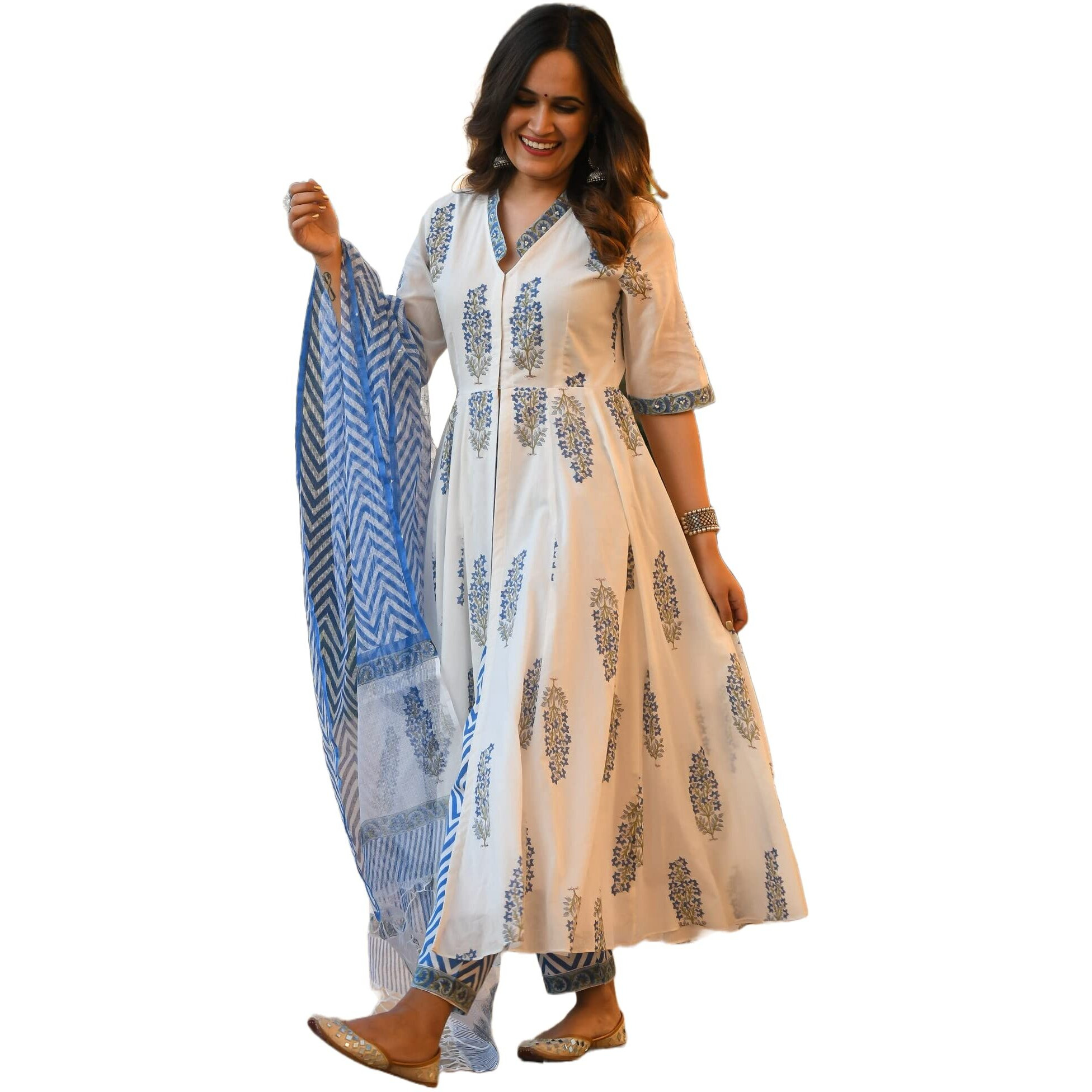 Klosia Women Block Printed Kurta And Pant Set With Dupatta. (Xx-Large) White