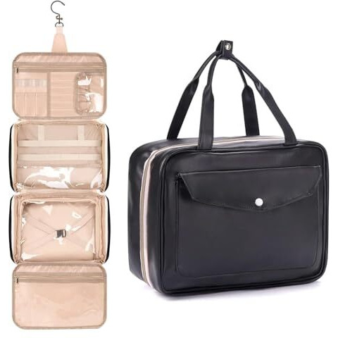 Sittella Waterproof Pu Leather Foldable Toiletry Kit Bag With Hanging Hook, Travel Storage Organizer, Vanity Make Up Organizer Bag For Women, Full Size Container For Toiletries, Black - 10 Cm