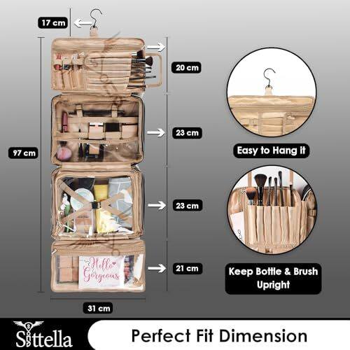 Sittella Waterproof Pu Leather Foldable Toiletry Kit Bag With Hanging Hook, Travel Storage Organizer, Vanity Make Up Organizer Bag For Women, Full Size Container For Toiletries, Black - 10 Cm