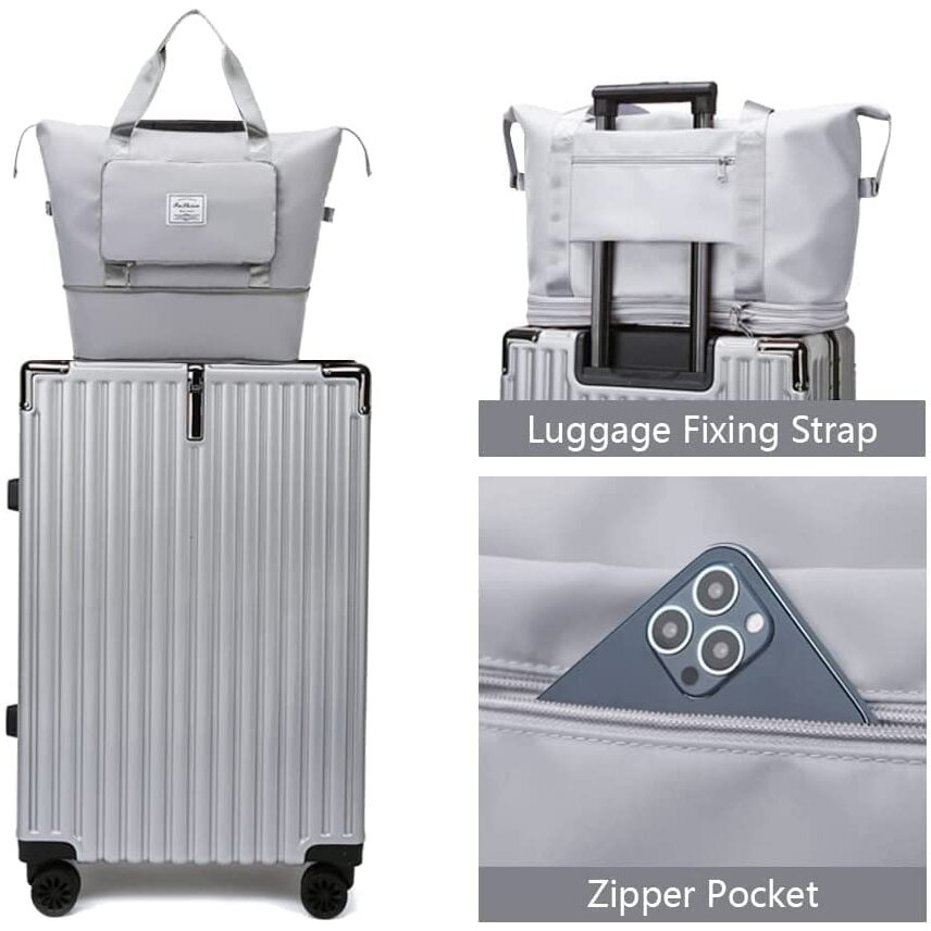Lnt Womens Large Capacity Folding Casual Travel Bag Travel Lightweight Waterproof Carry On Luggage Bags With Fixed Strap Dry And Wet Separation Foldable Duffel Bag For Foldable Bag Peach,(Gray Poket)
