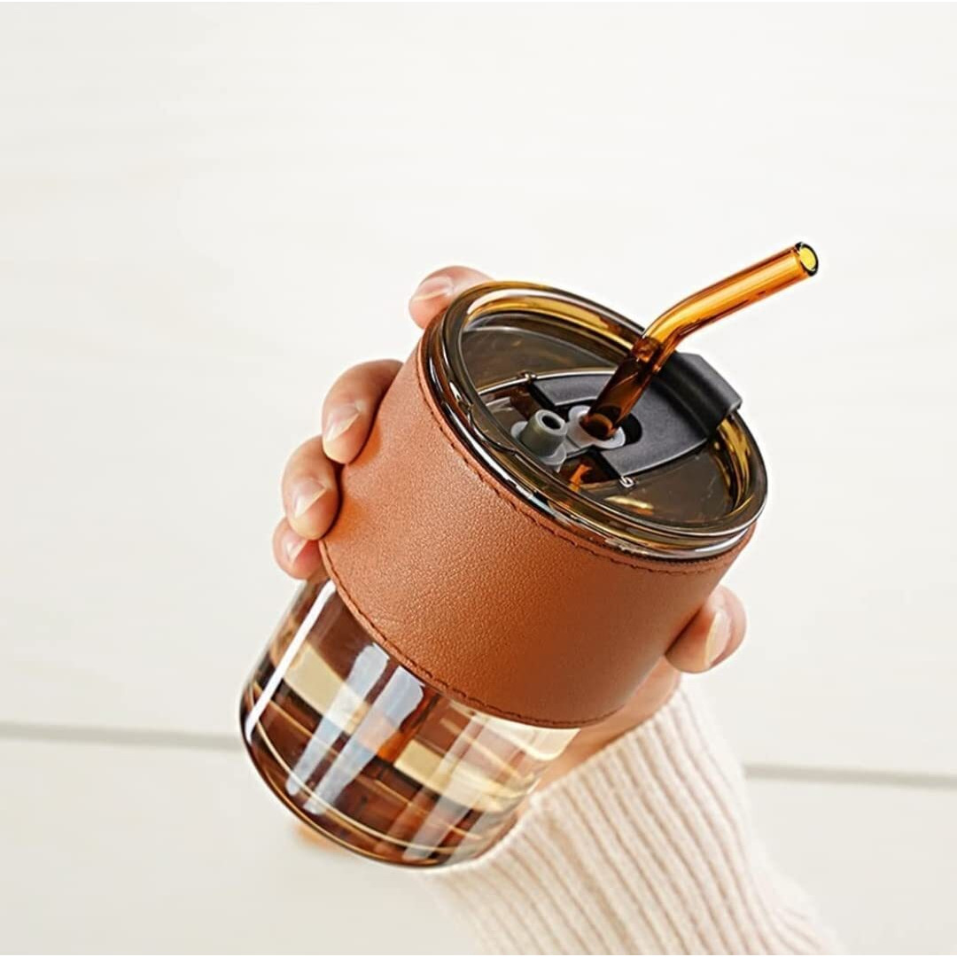 Kikiluxxa Glass Sipper Tumbler Lid And Straw Coffee Tumbler Tea Coffee Mugs With Leather Sleeve Cup And Mug For Kids Milk Juice Mug For Water Drinking Sipper (Brown),435 Ml