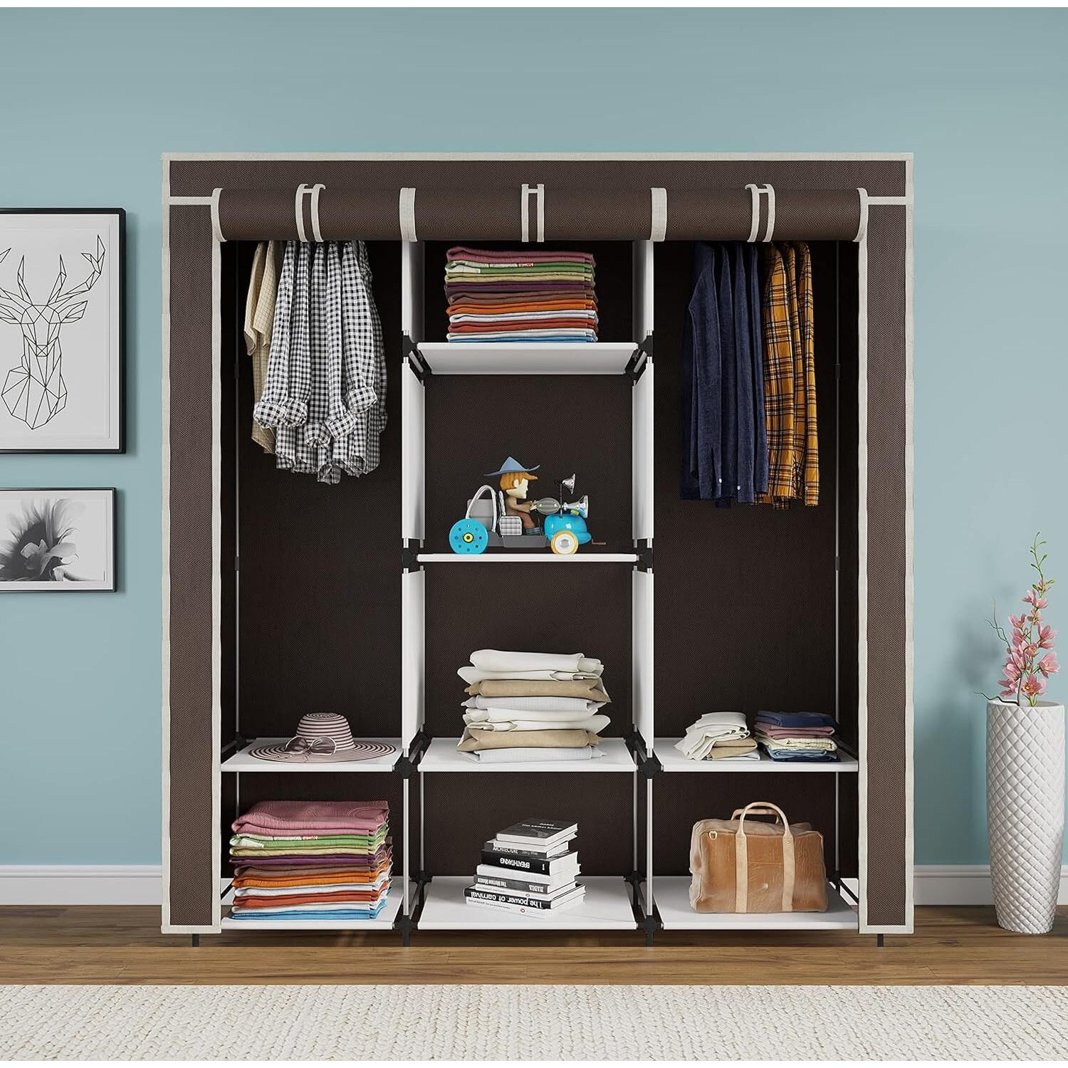 Maison & Cuisine Collapsible Wardrobe Portable Foldable Closet For Clothes Almira, 2 Hanging Space, 8 Shelves, (Non-Woven Fabric 90Gsm, Metal Rod 112X38X145Cm)(88230, Brown)