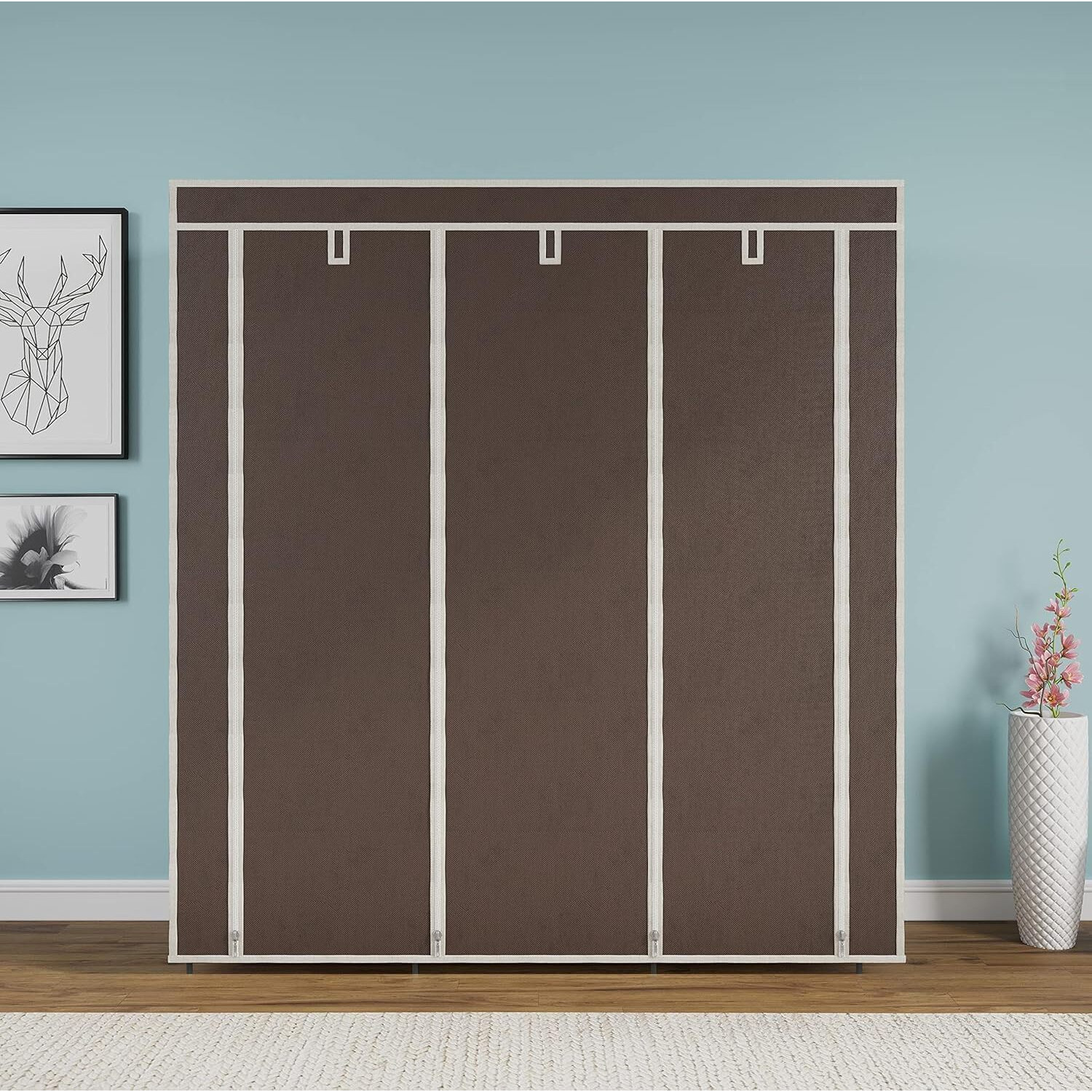 Maison & Cuisine Collapsible Wardrobe Portable Foldable Closet For Clothes Almira, 2 Hanging Space, 8 Shelves, (Non-Woven Fabric 90Gsm, Metal Rod 112X38X145Cm)(88230, Brown)