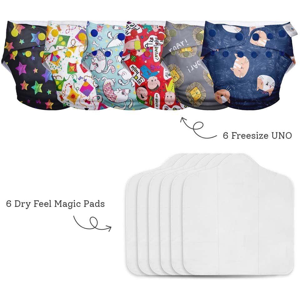 Superbottoms Cloth Diapers For Babies - Uno Super Value Combo Pack - 6 Freesize Uno- New Version| Reusable Cloth Diapers With Inserts For Babies 3M To 3Y