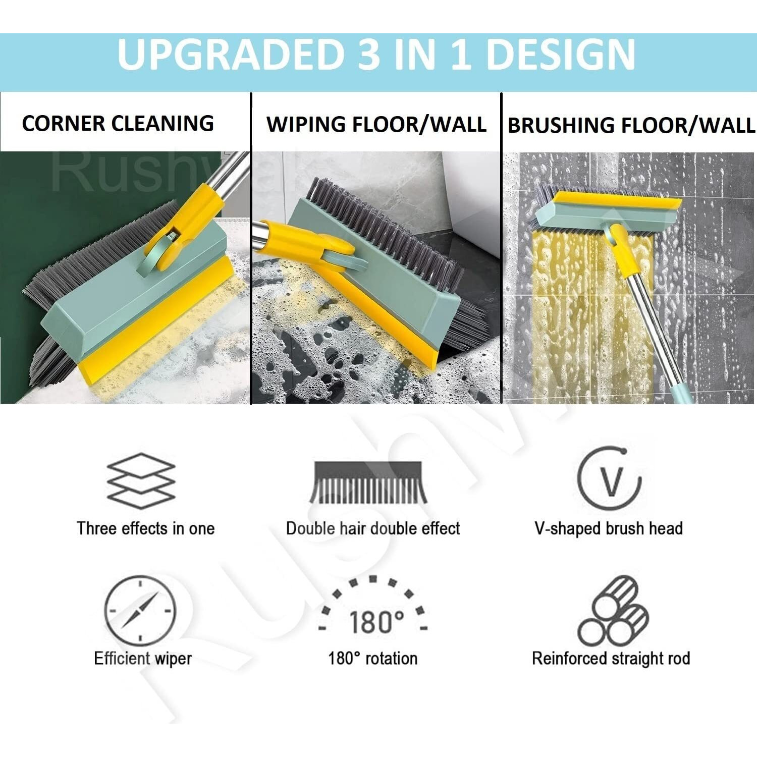 Rushwak Bathroom Cleaning Brush With Wiper Upgraded 3 In 1 Toilet Brush Bathroom Brush With Long Handle 180 Rotate Bathroom Floor Cleaning Brush Bathroom Cleaning Accessories (Multicolor)