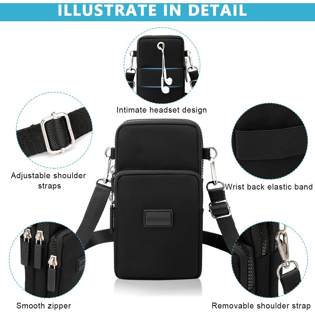 Palay Small Crossbody Phone Bag For Women Mini Wallet Bags With Adjustable Shoulder Strap Wallet Clutch Bag For Girls Zipper Phone Pouch Handbag Armband Case Black