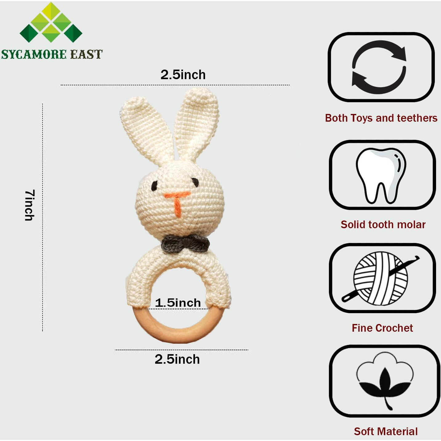 Sycamore East Baby Rattle For Newborn, Crochet Bunny Rattle Toy Natural Wool, Music Shaker Rattle For Hand Grips, Boy Girl First Rattle Gift Rabbit 1 Pcs Combo, Wood