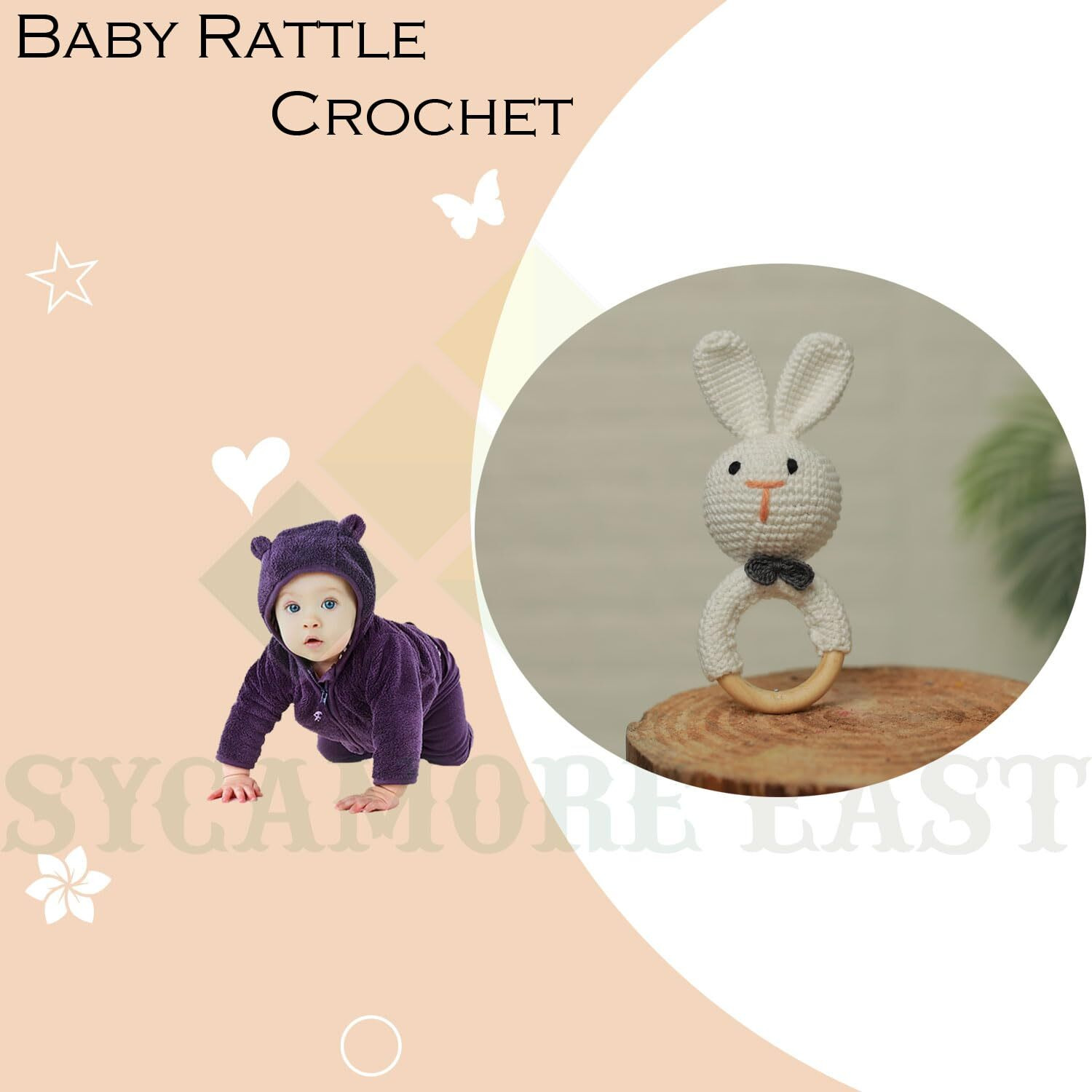 Sycamore East Baby Rattle For Newborn, Crochet Bunny Rattle Toy Natural Wool, Music Shaker Rattle For Hand Grips, Boy Girl First Rattle Gift Rabbit 1 Pcs Combo, Wood