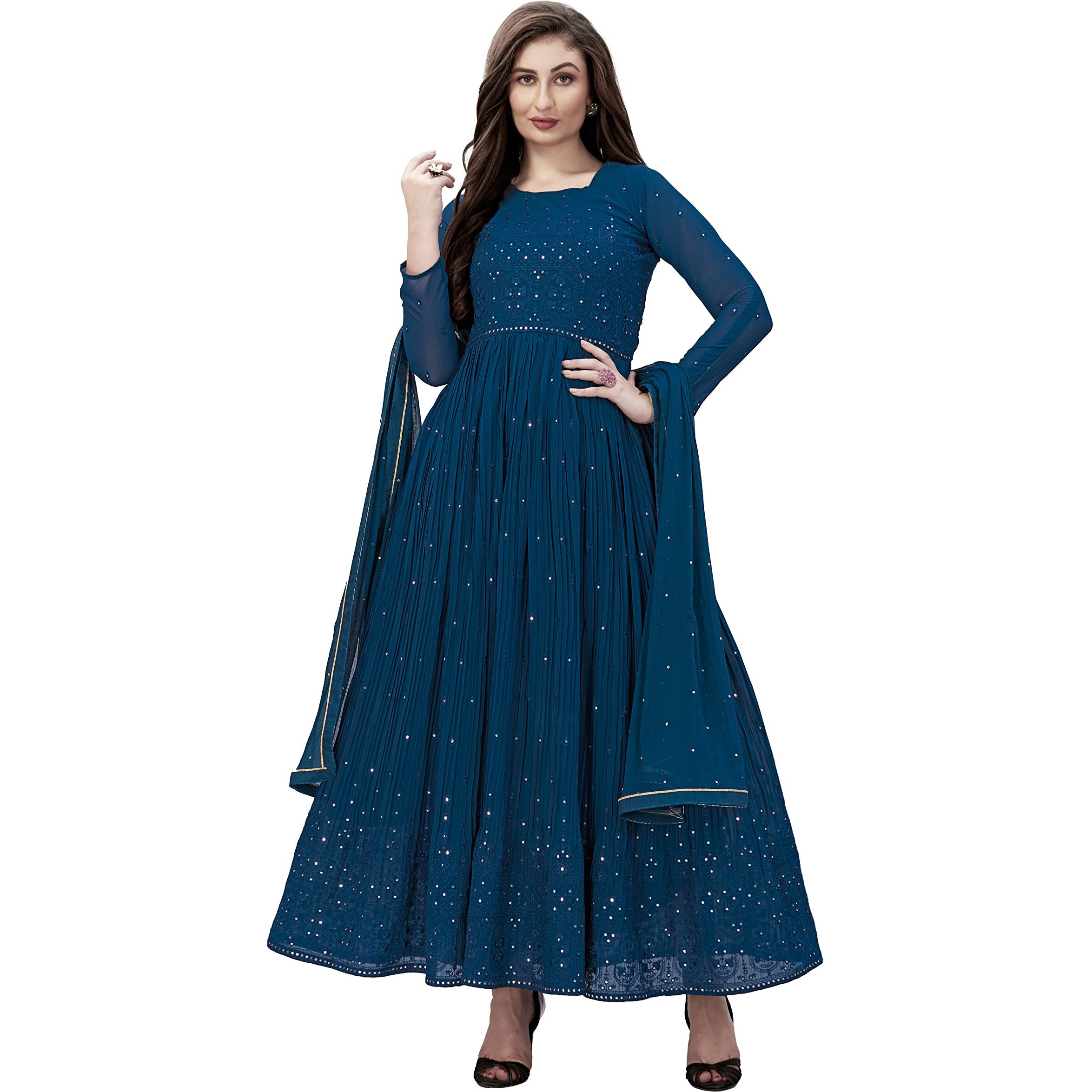 Trendmalls Women's Georgette Embroidery Salwar Suit Anarkali Kurta Set With Dupatta (G88-Morpeach-S)