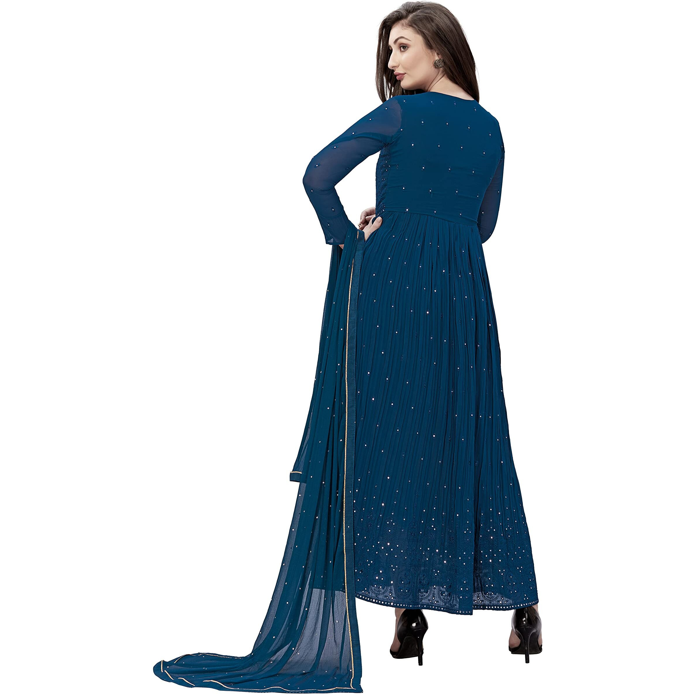 Trendmalls Women's Georgette Embroidery Salwar Suit Anarkali Kurta Set With Dupatta (G88-Morpeach-S)