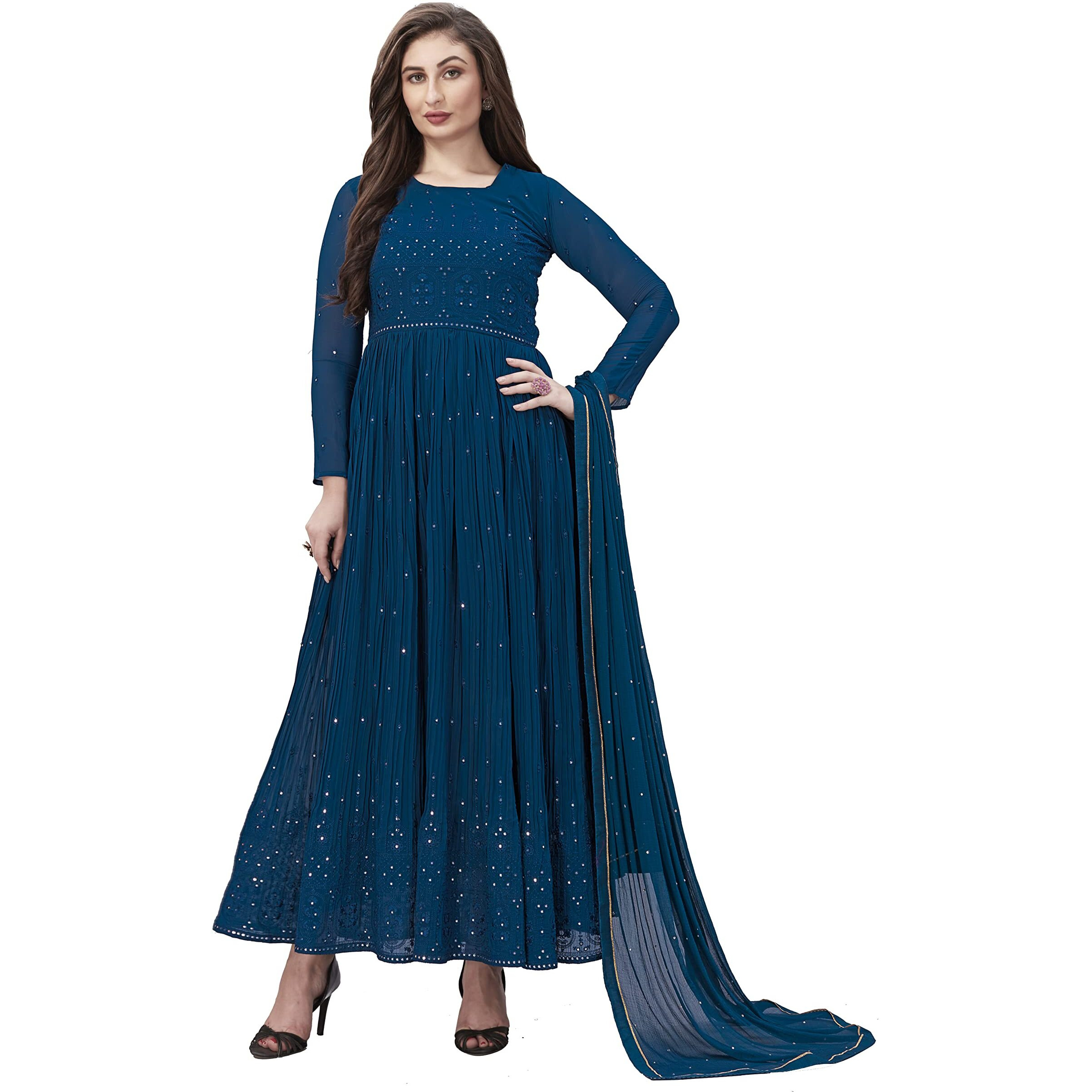 Trendmalls Women's Georgette Embroidery Salwar Suit Anarkali Kurta Set With Dupatta (G88-Morpeach-S)