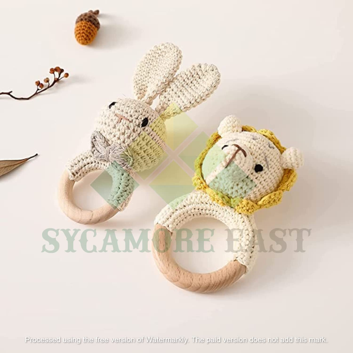 Sycamore East Baby Rattle For Newborn, Crochet Bunny Rattle Wood Toy Natural Wool, Music Shaker Rattle For Hand Grips, Boy Girl First Rattle Gift Lion+Rabbit 2 Pcs Combo