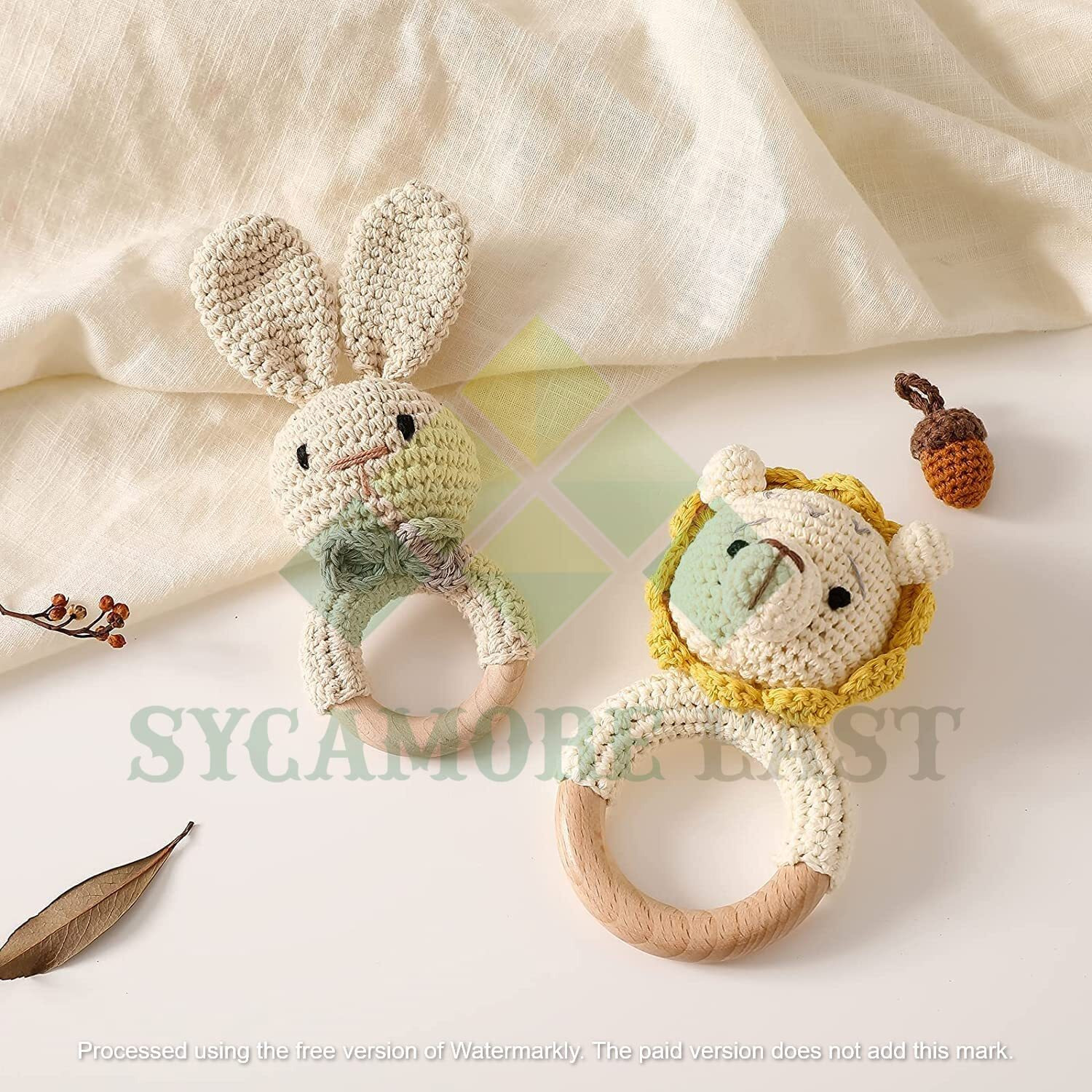 Sycamore East Baby Rattle For Newborn, Crochet Bunny Rattle Wood Toy Natural Wool, Music Shaker Rattle For Hand Grips, Boy Girl First Rattle Gift Lion+Rabbit 2 Pcs Combo