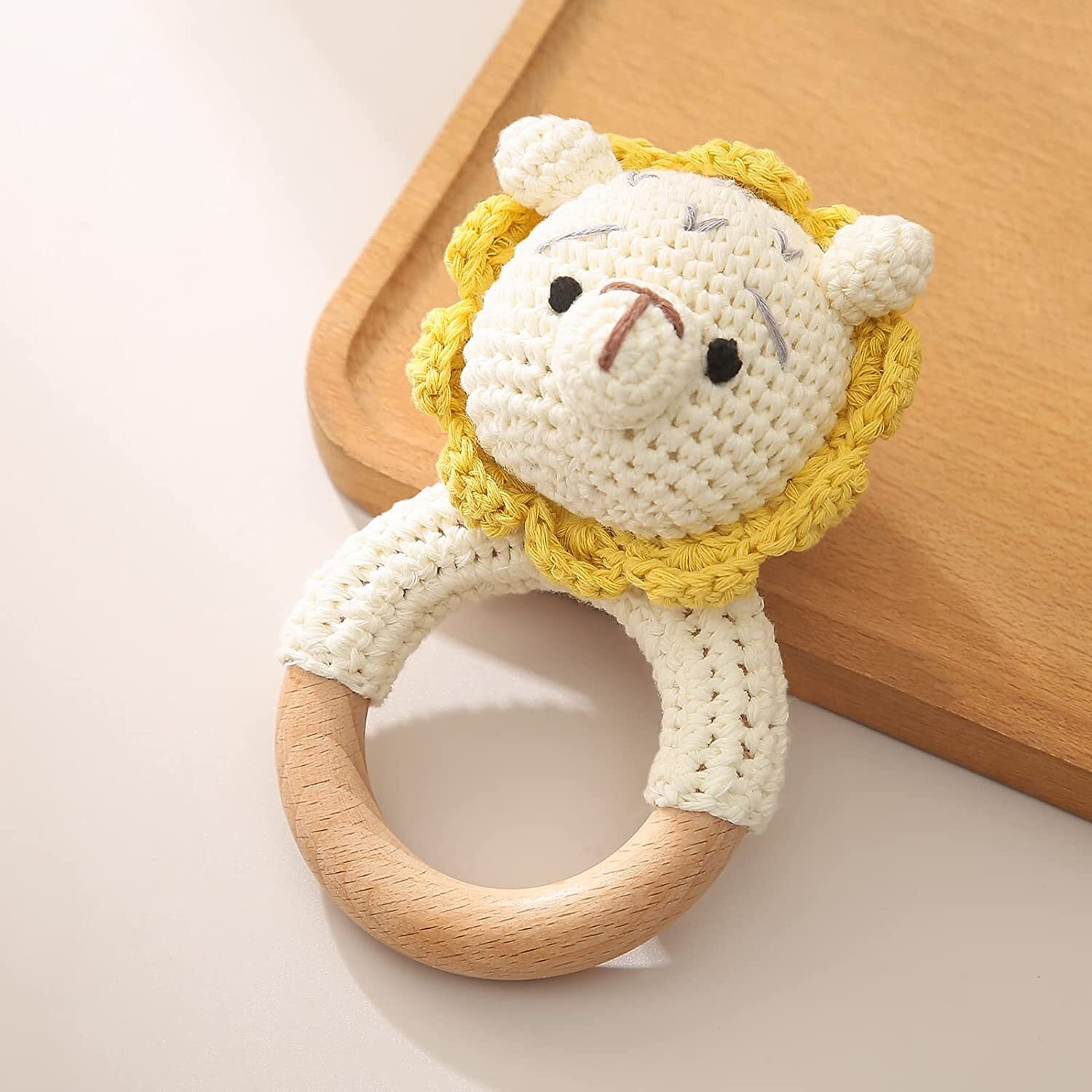 Sycamore East Wood Baby Rattle For Newborn, Crochet Bunny Rattle Toy Natural Wool, Music Shaker Rattle For Hand Grips, Boy Girl First Rattle Gift Lion 1 Pcs Combo