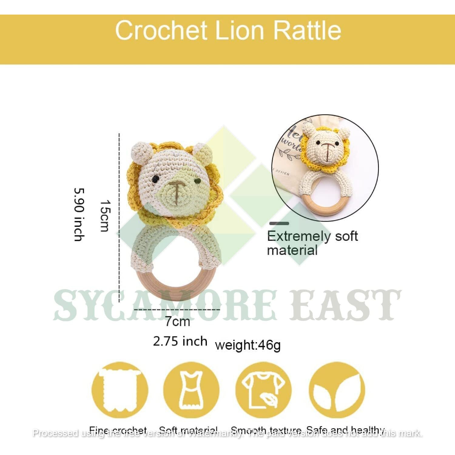 Sycamore East Wood Baby Rattle For Newborn, Crochet Bunny Rattle Toy Natural Wool, Music Shaker Rattle For Hand Grips, Boy Girl First Rattle Gift Lion 1 Pcs Combo