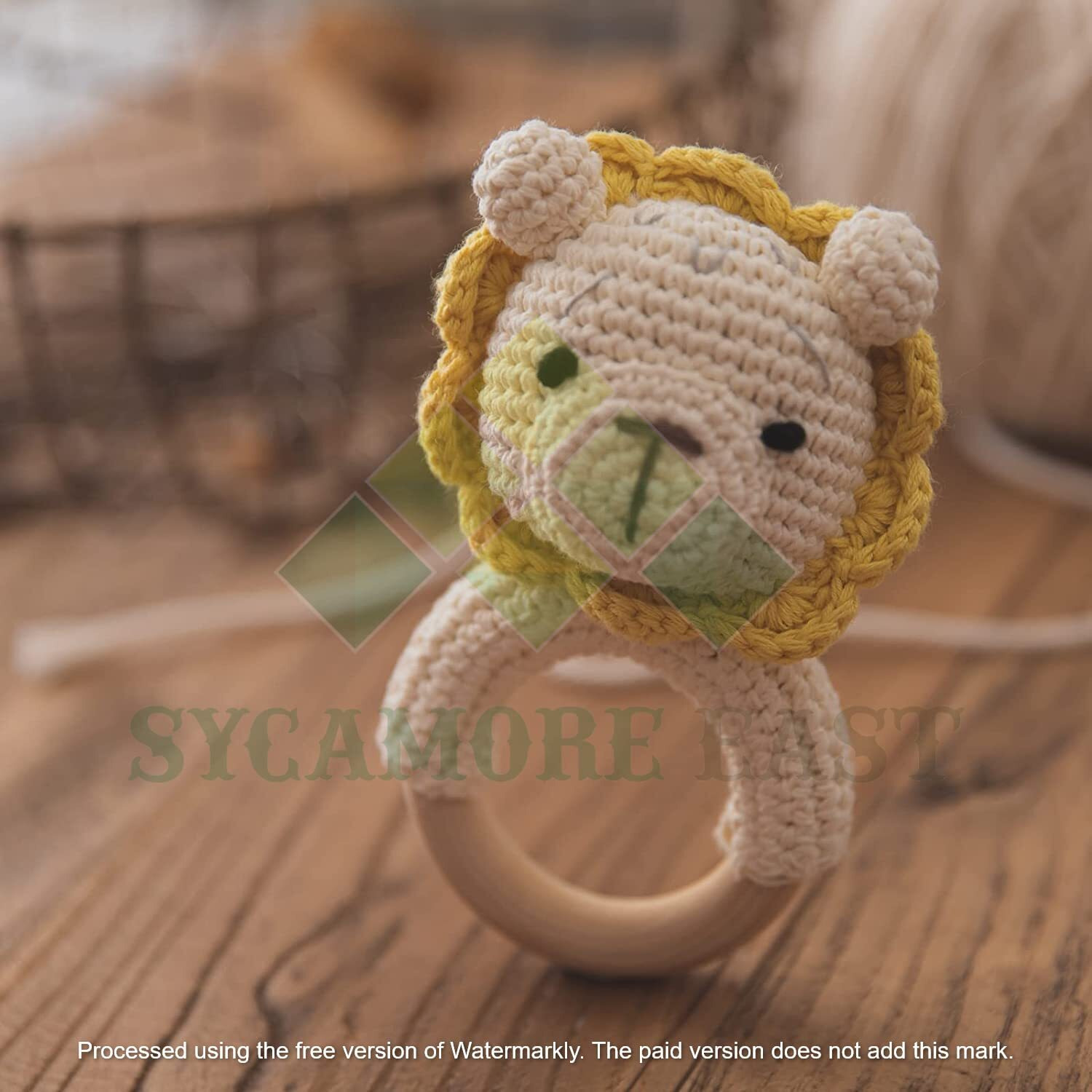 Sycamore East Wood Baby Rattle For Newborn, Crochet Bunny Rattle Toy Natural Wool, Music Shaker Rattle For Hand Grips, Boy Girl First Rattle Gift Lion 1 Pcs Combo